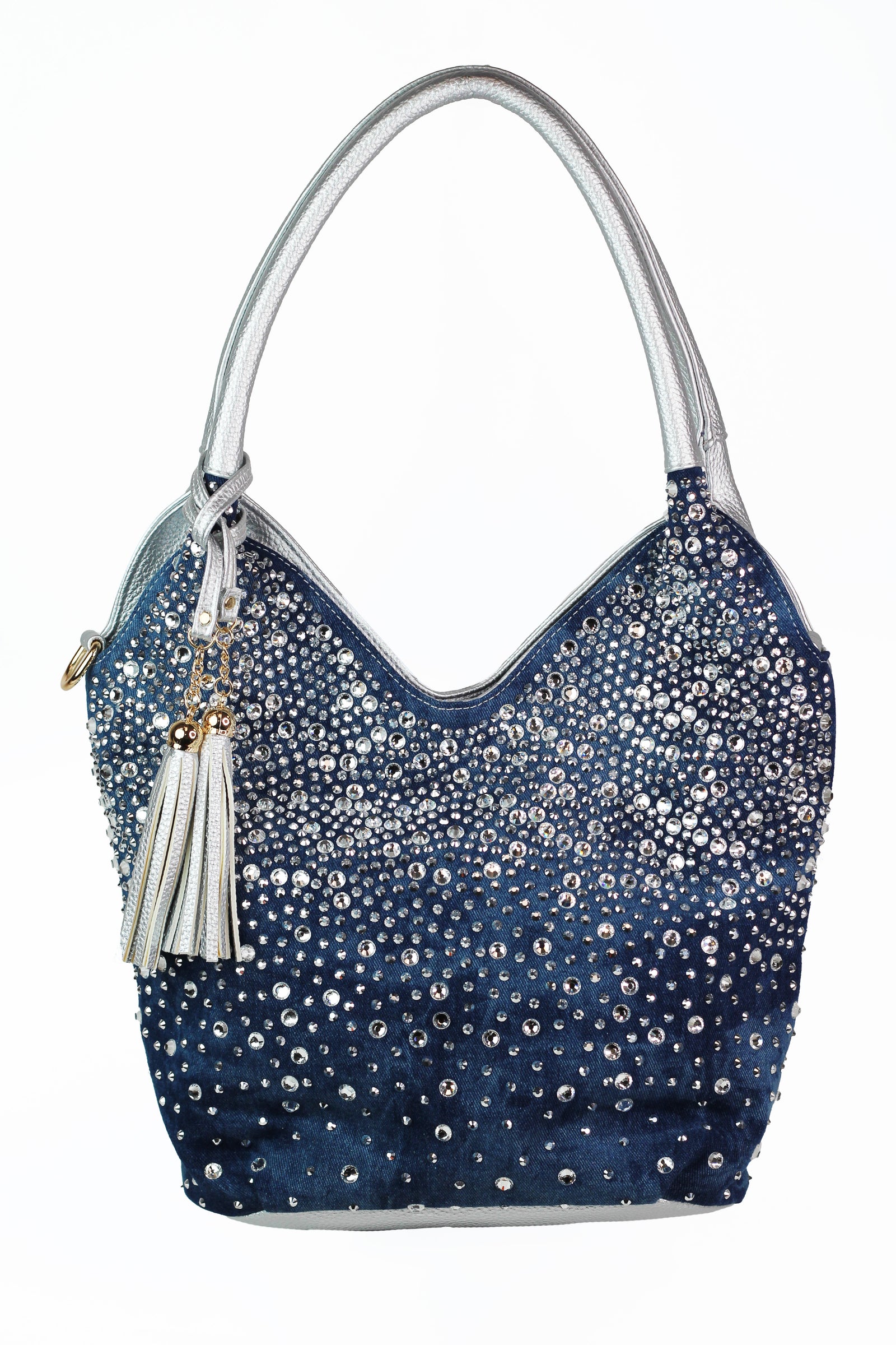 Ombre Multi Rhinestone Denim Front U-Top Purse w/ Tassels