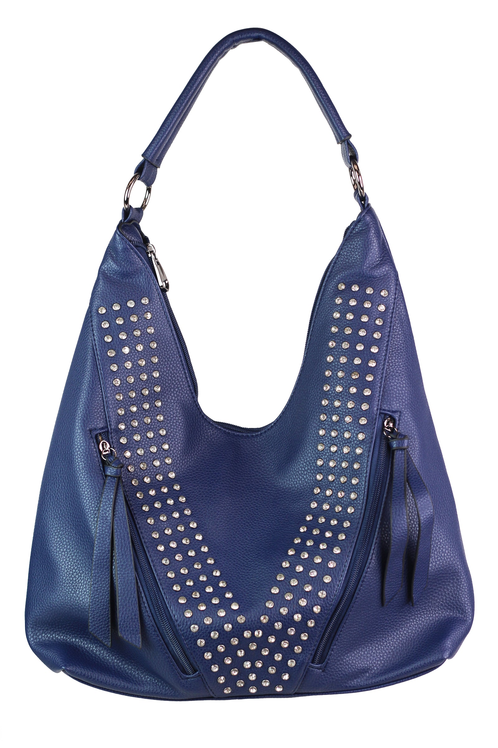 One Handle U-Top Purse w/ Front Zip Pockets & Rhinestone Accents
