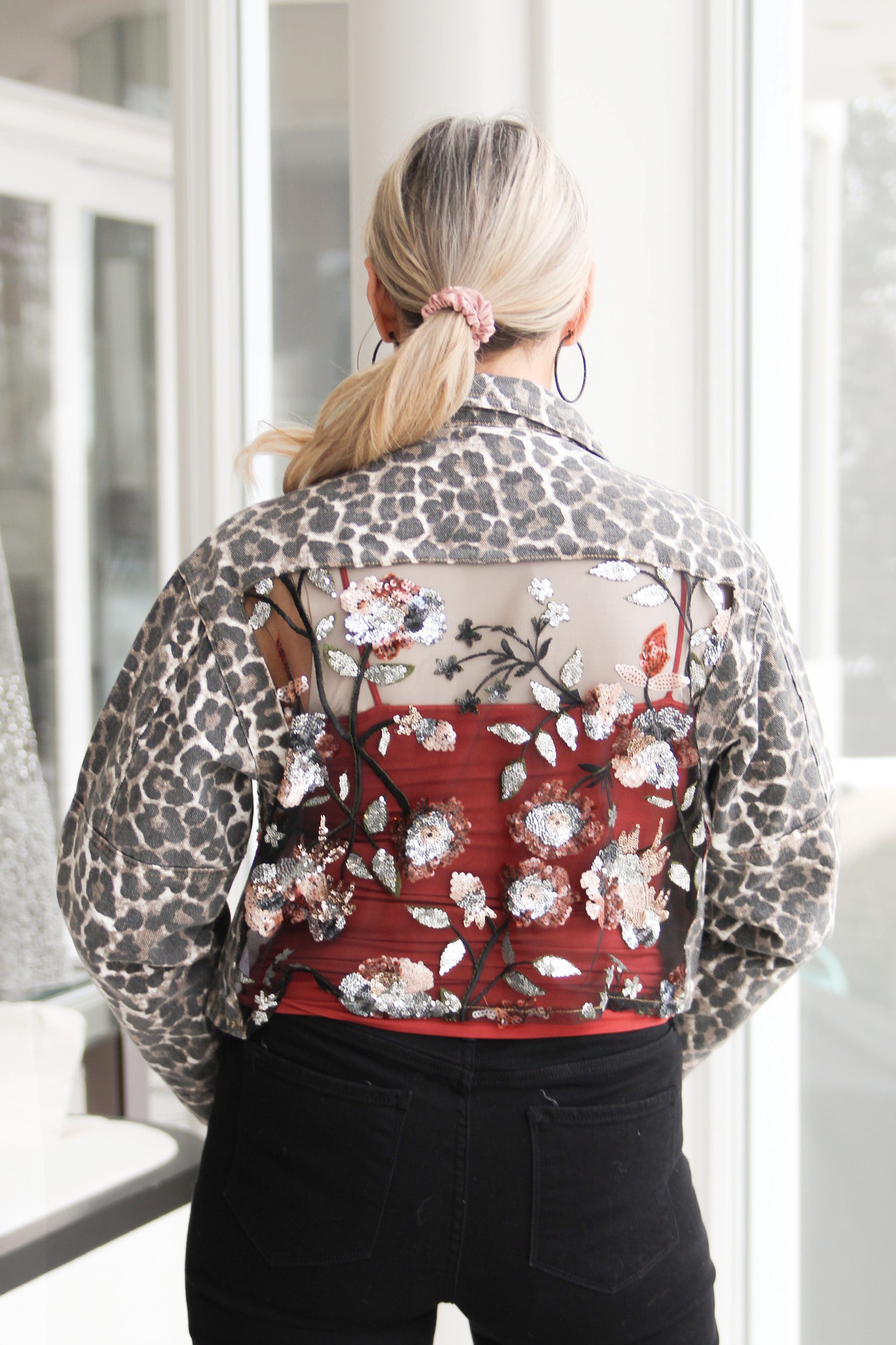 Leopard Denim Jacket w/Lace & Sequin Accent Floral Design