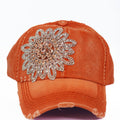 AB Rhinestone Flower Distressed Baseball Hat
