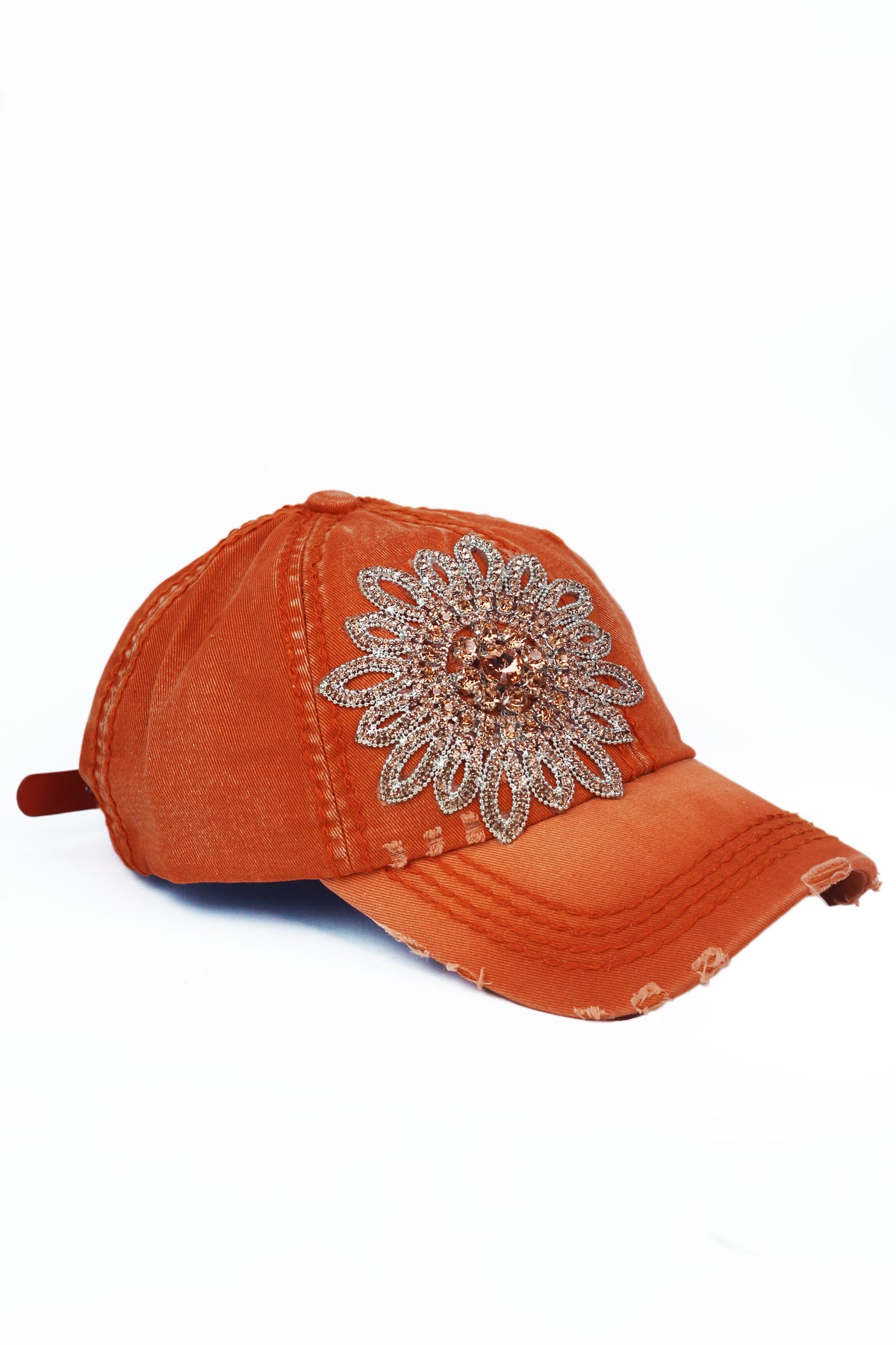AB Rhinestone Flower Distressed Baseball Hat