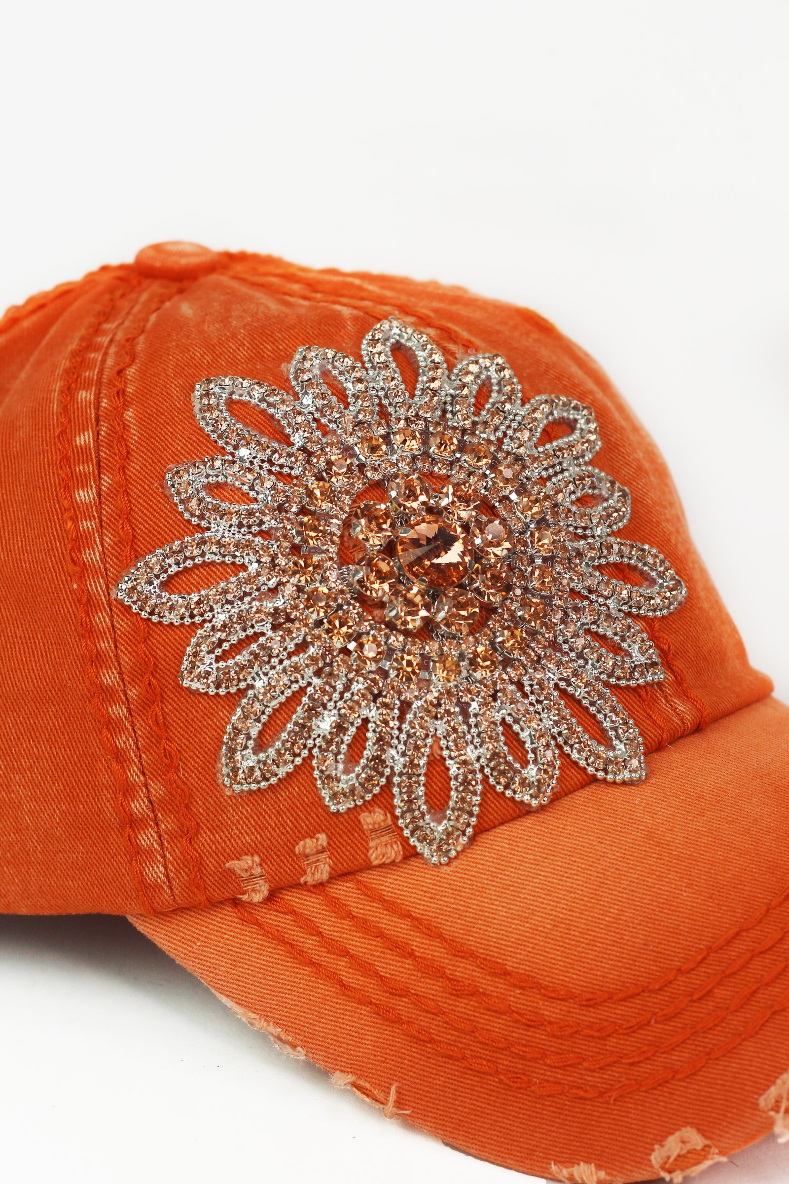 AB Rhinestone Flower Distressed Baseball Hat