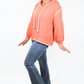 V-Neck Hoodie With Balloon Sleeves Large Pearl Accent Rope Draw String