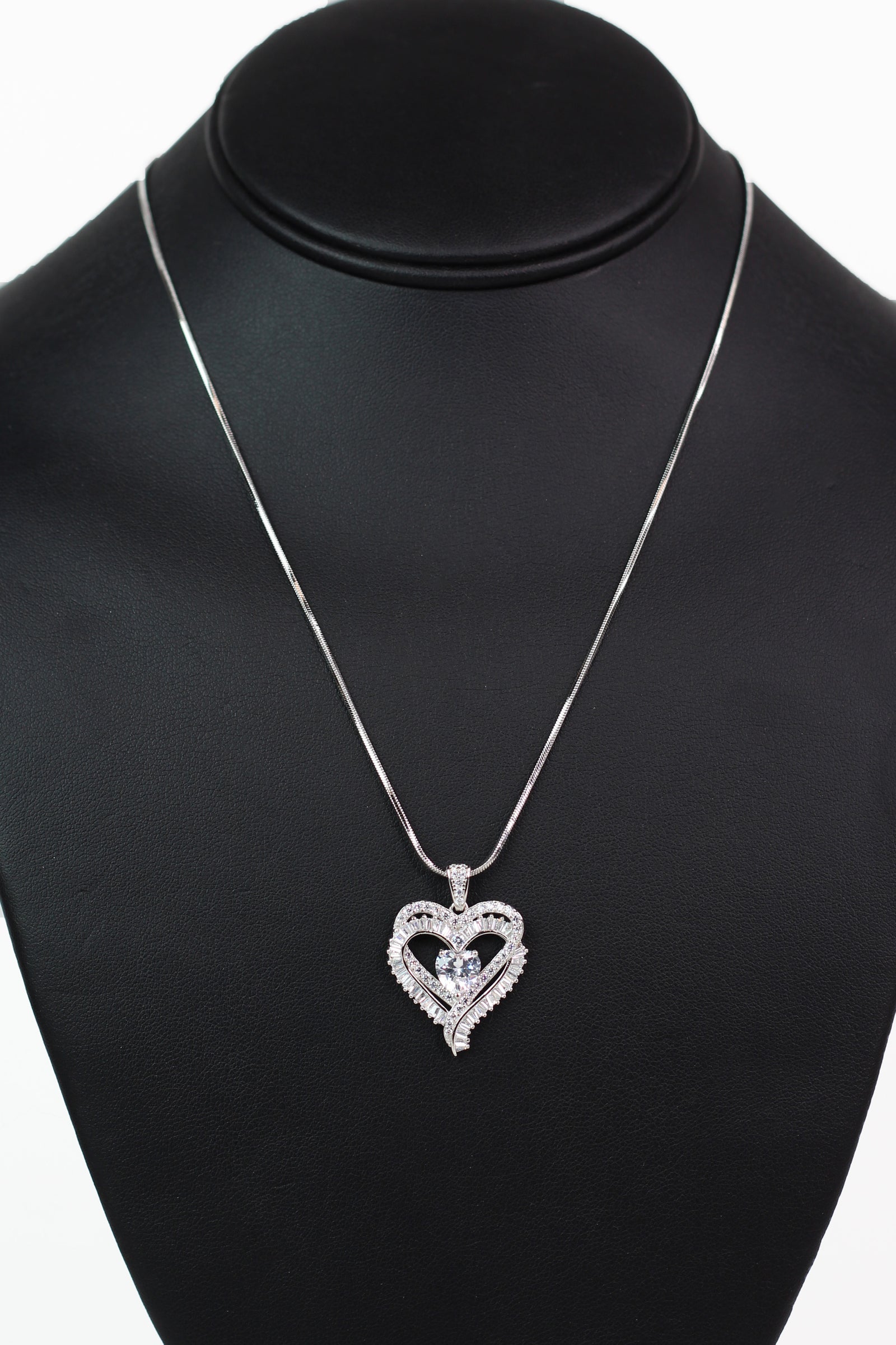 Overlapping Pave & Baguette Hearts Necklace w/ Heart Center Stone