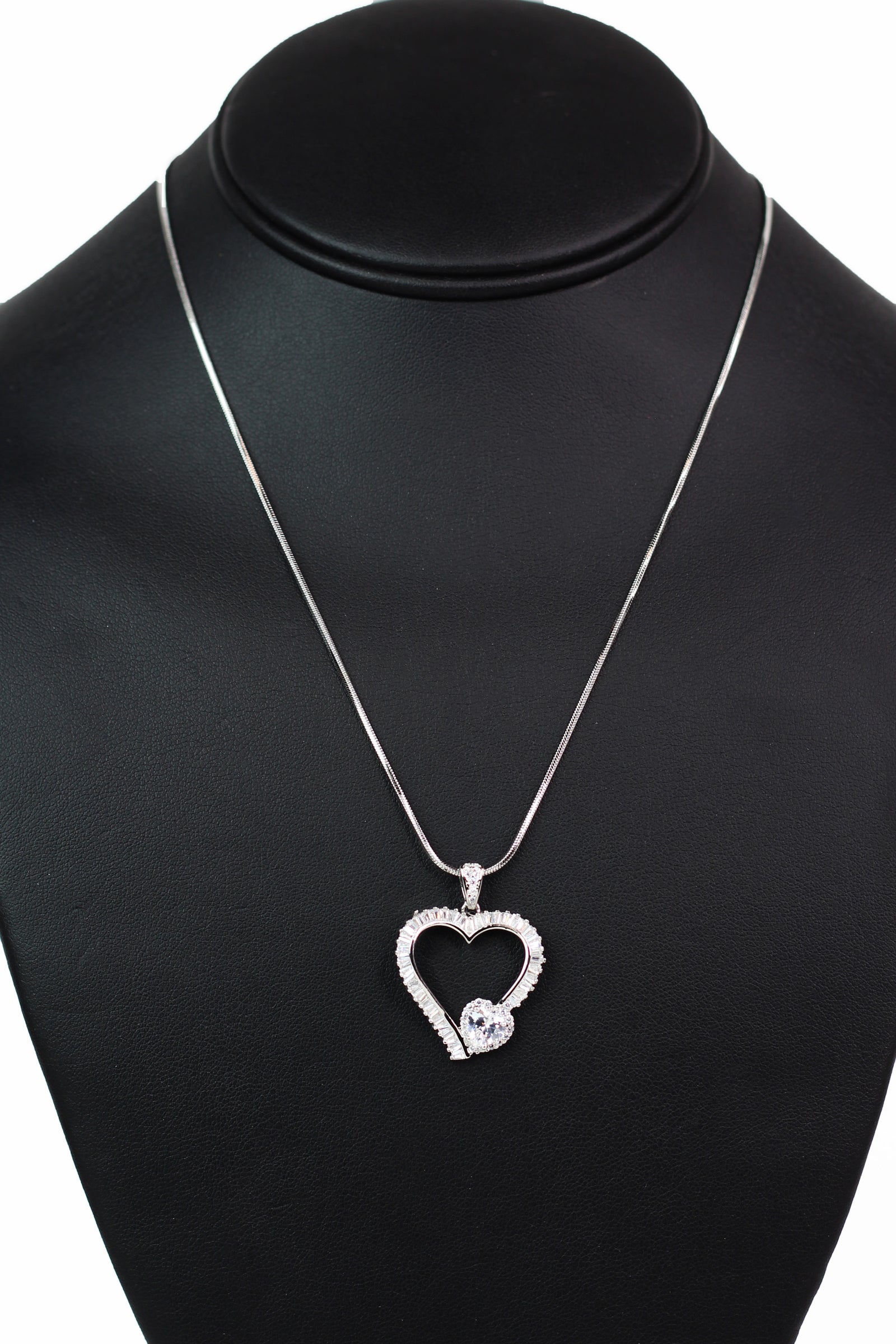Open Baguette Heart Necklace w/ Pave Trimmed Heart at Bottom