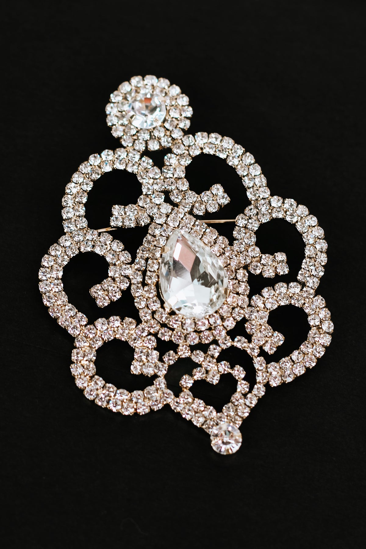 Pave Scrolls w/ Large Teardrop Center Brooch