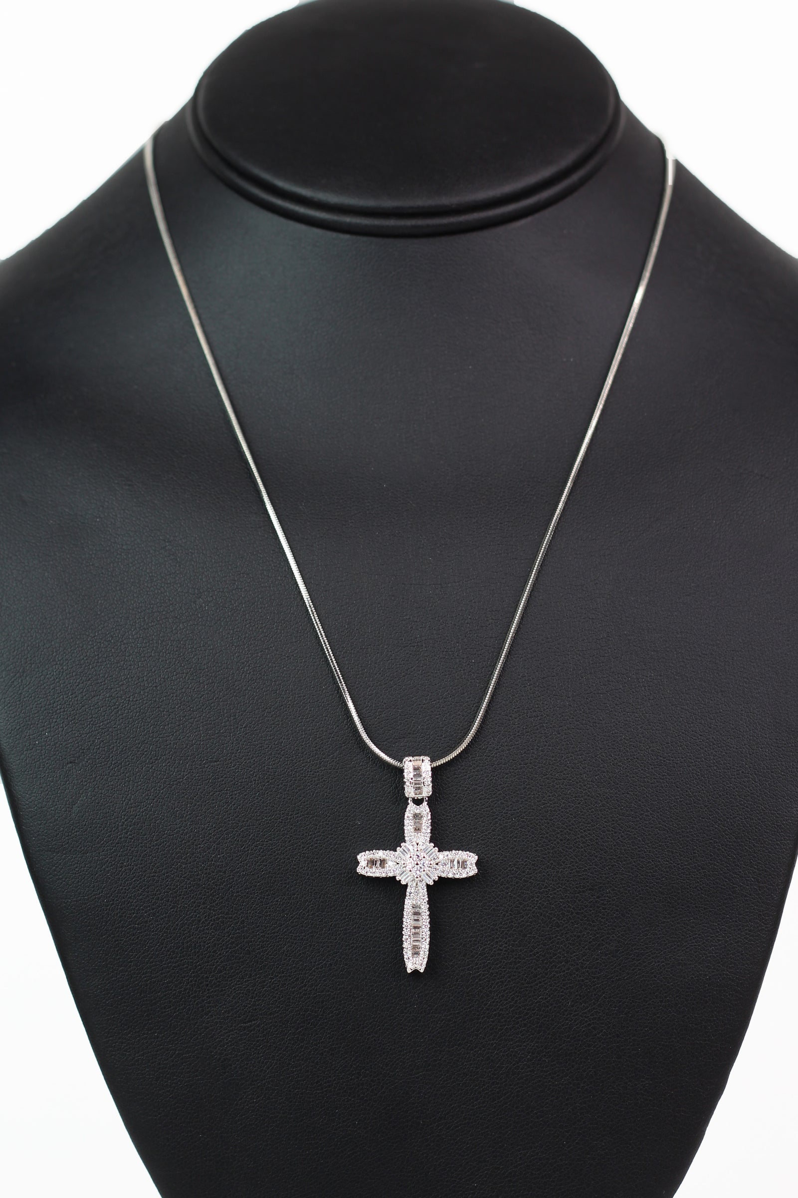 Pave Trimmed Tiny Baguette Cross Necklace w/ Pave & Baguette Center