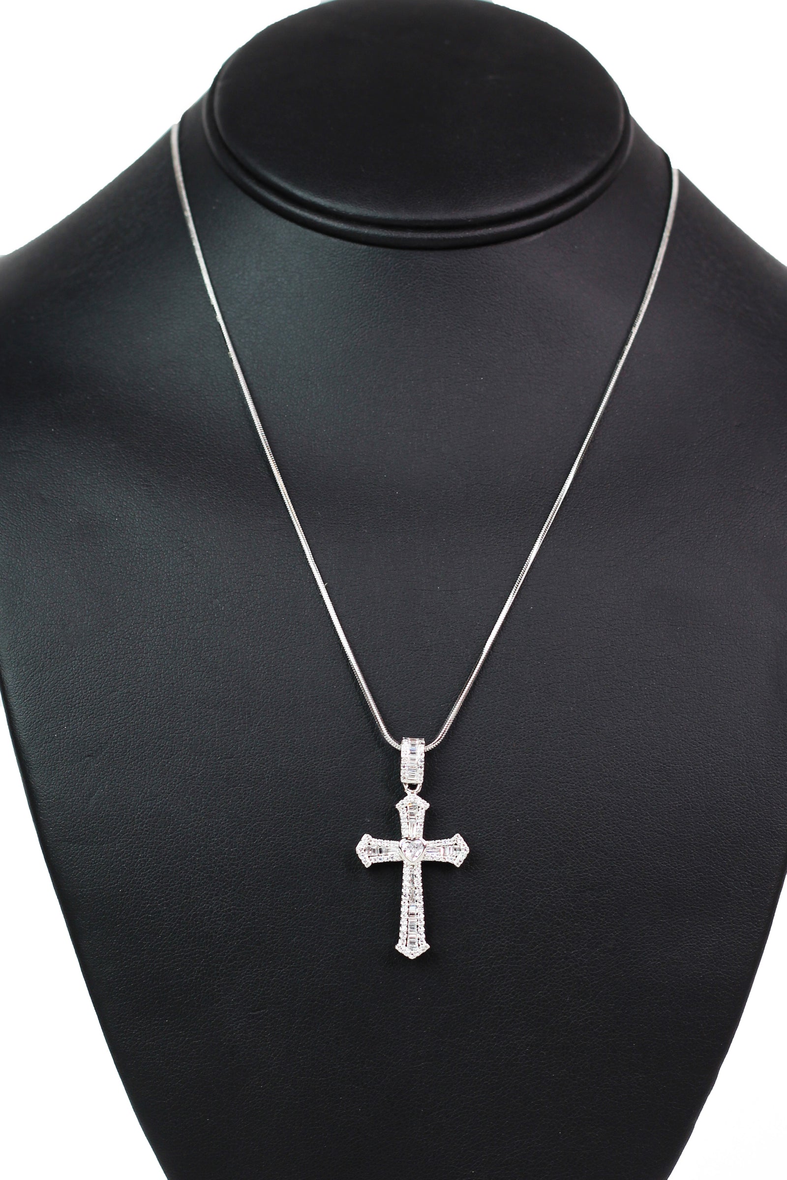 Pave Trimmed Tiny Baguette Cross Necklace w/ Center Heart