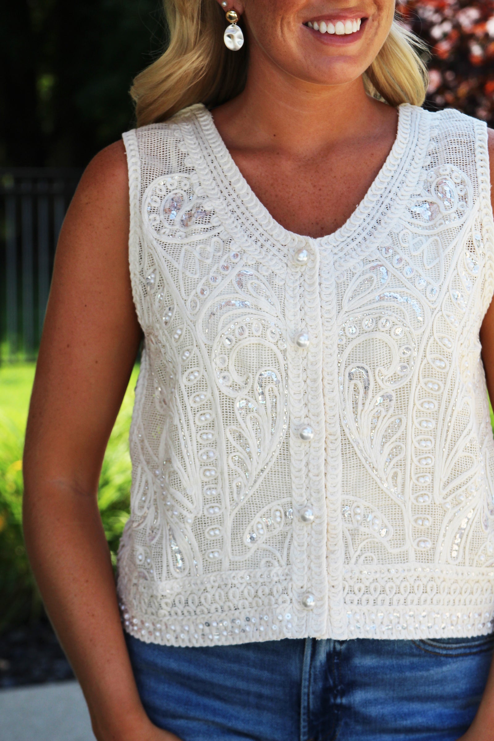 Mesh Swirls Pearls & Sequins Sleeveless Vest