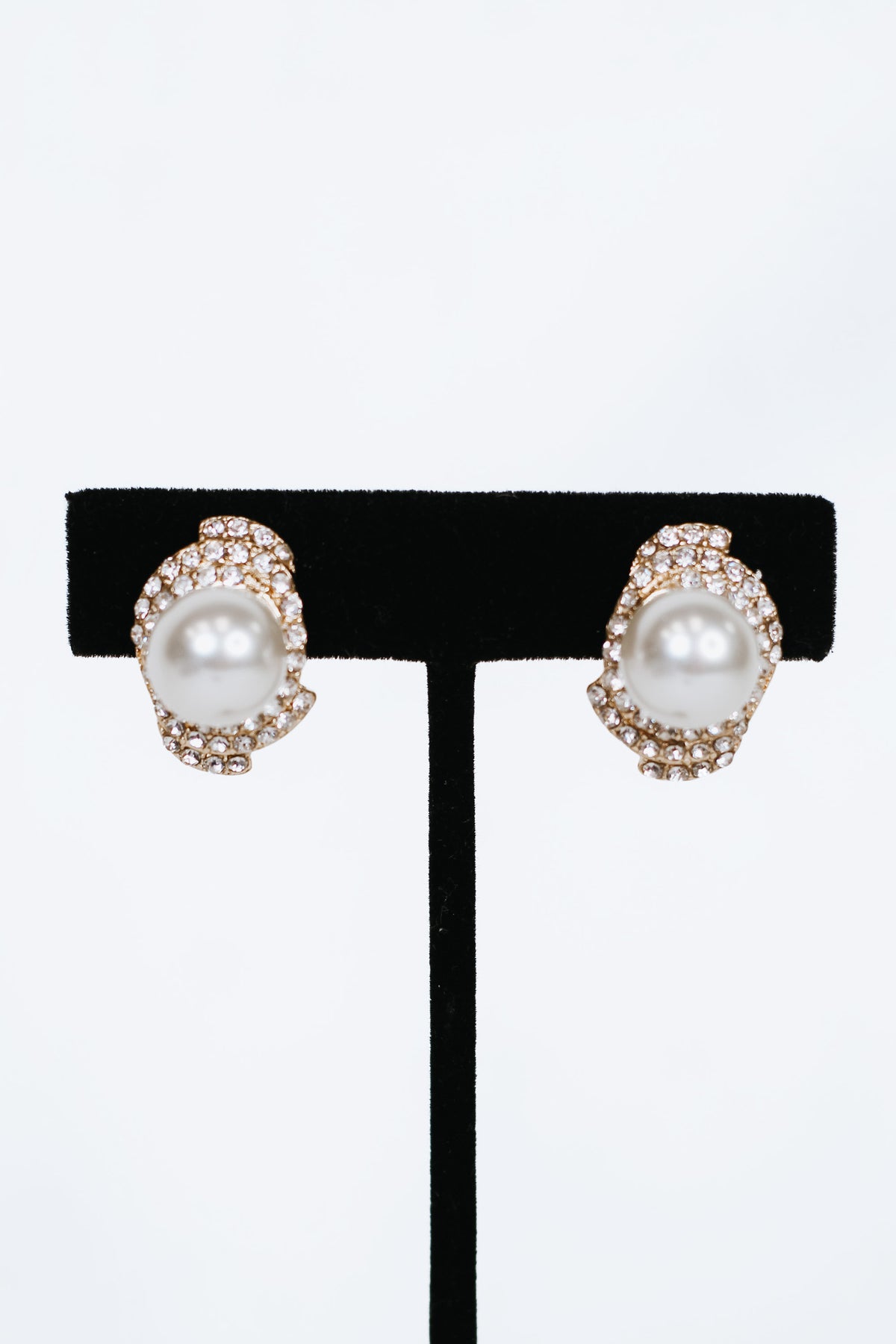 Pearl &amp; Pave Rhinestone Stud Clip Earrings