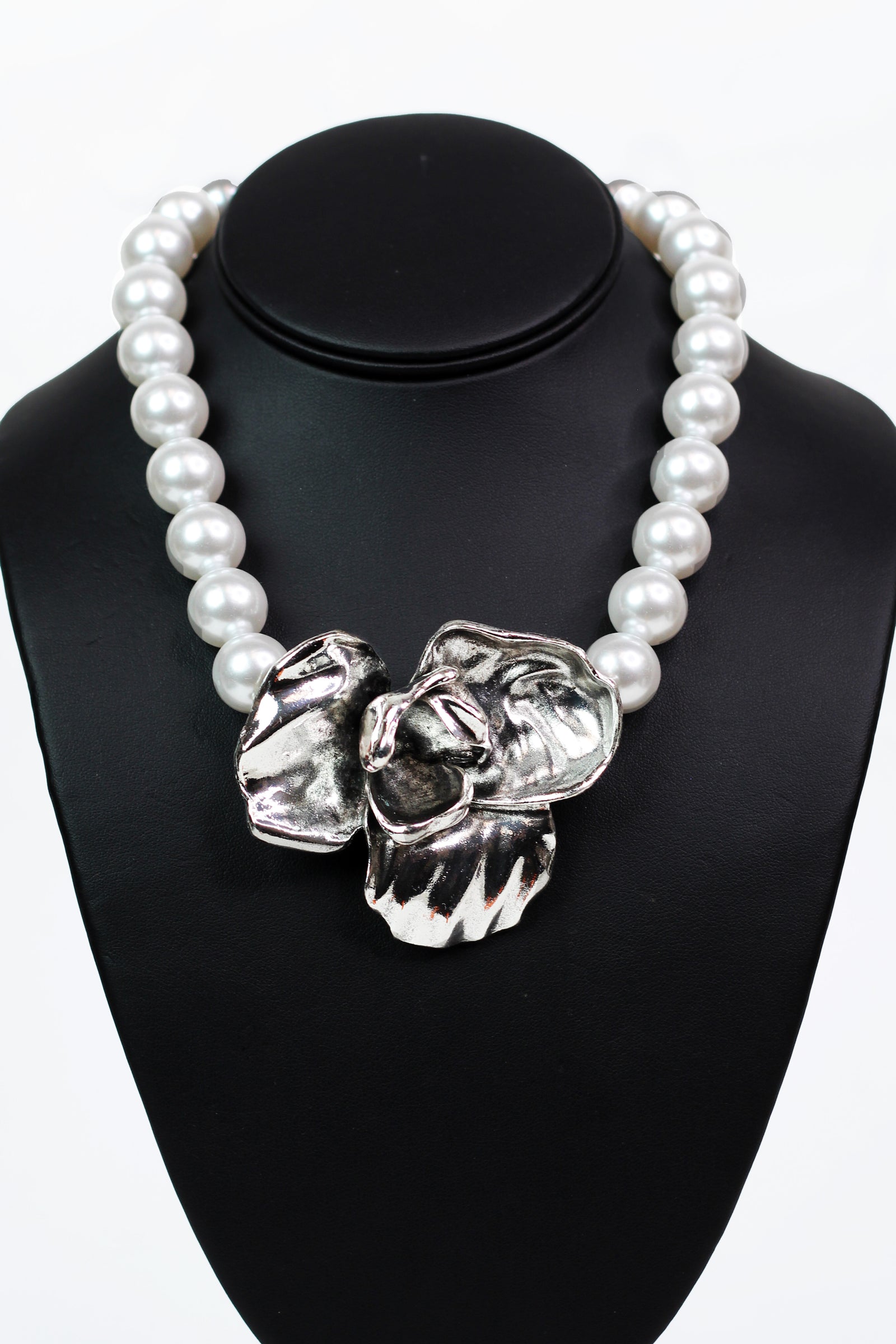 Floral Pendant on Pearl Necklace