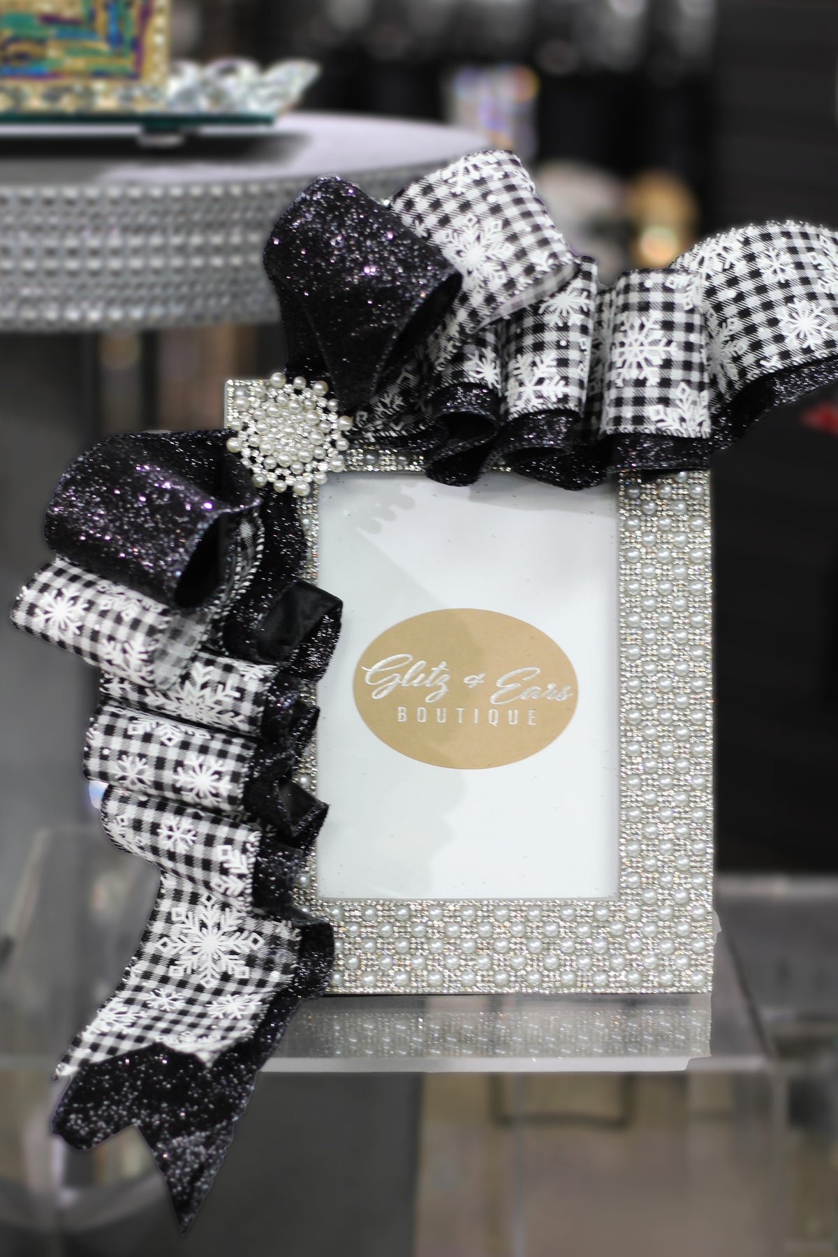 Rhinestone &amp; Pearl Picture Frame w/ Ribbon Accent