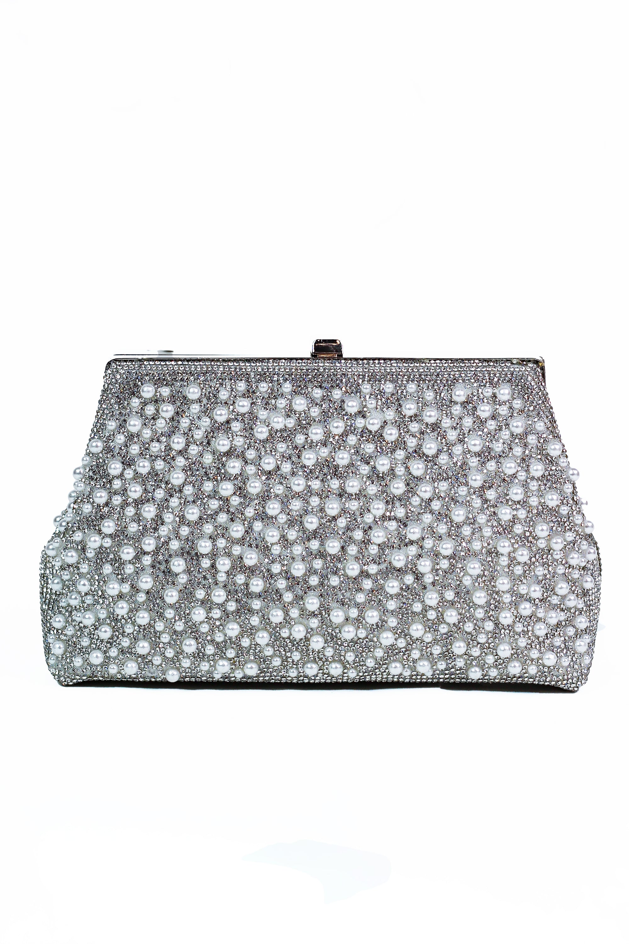 Rhinestone & Pearl Clutch w/ Top Metal Bar Closure