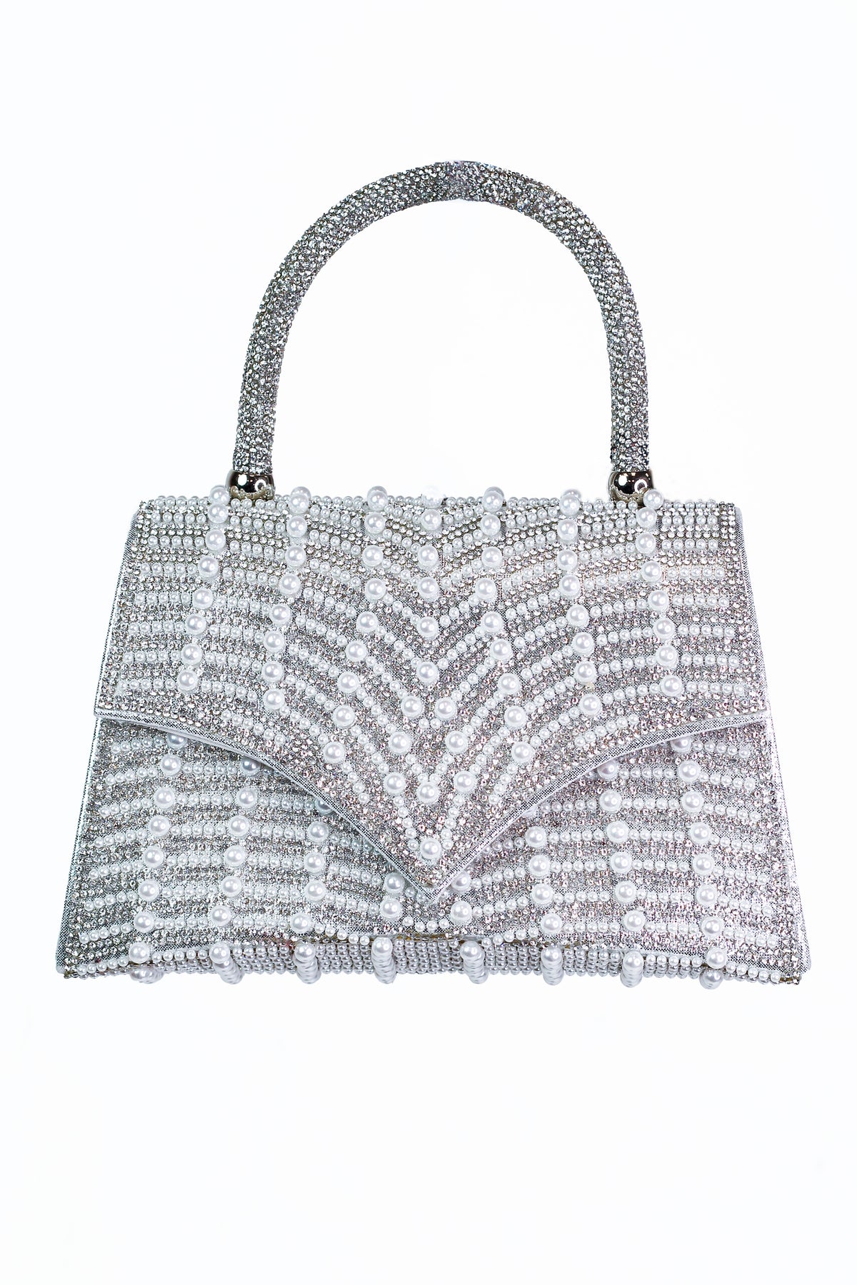 Rhinestone &amp; Pearl Pointed Flap Clutch w/ Rope Handle