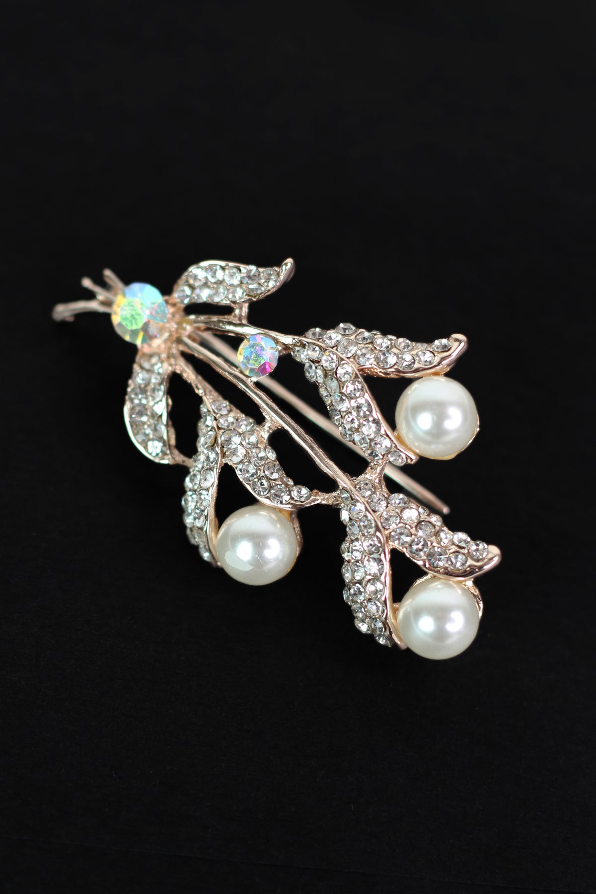 Rhinestone Vines 3 Pearl Ends Brooch