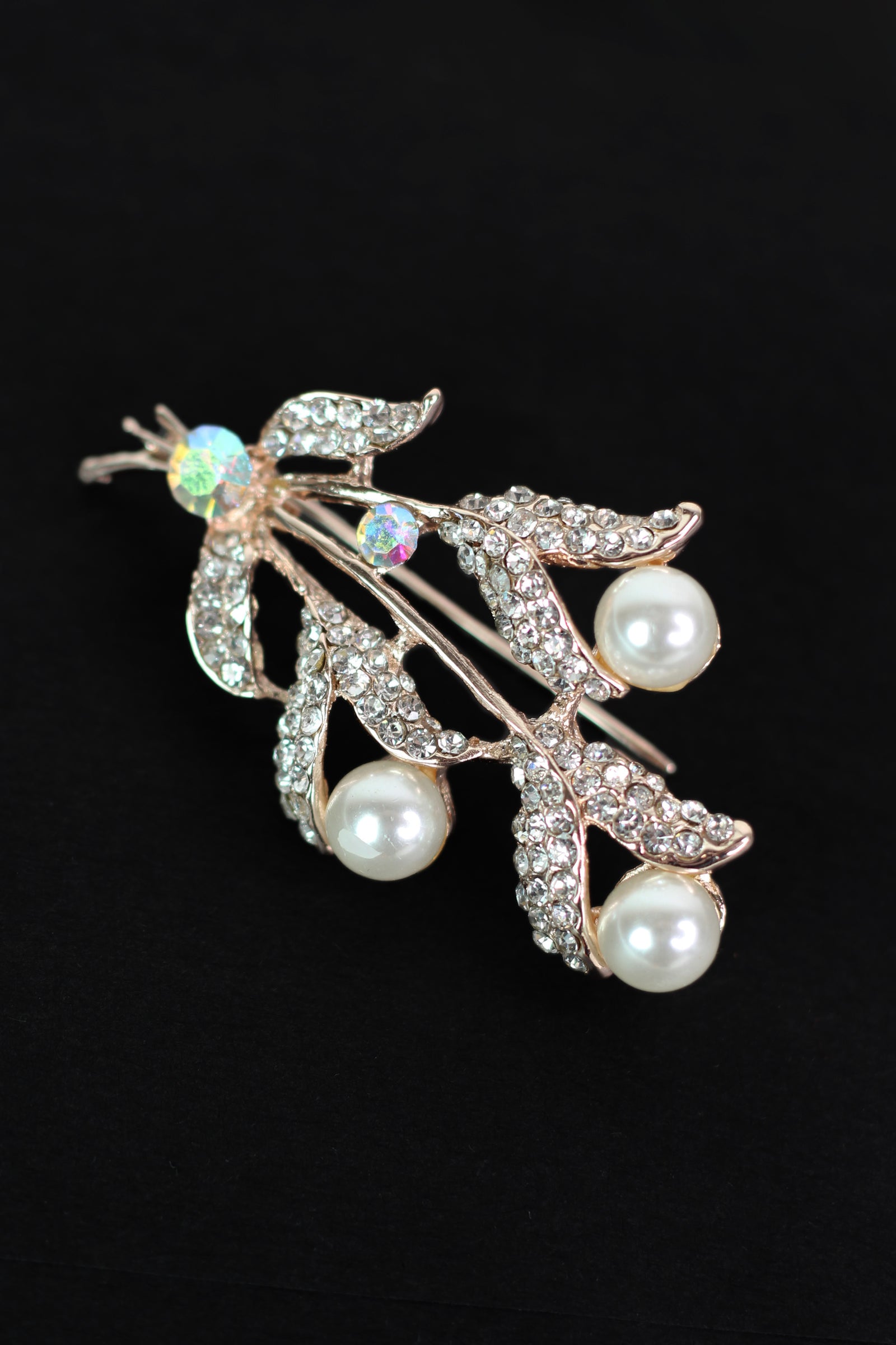 Rhinestone Vines 3 Pearl Ends Brooch
