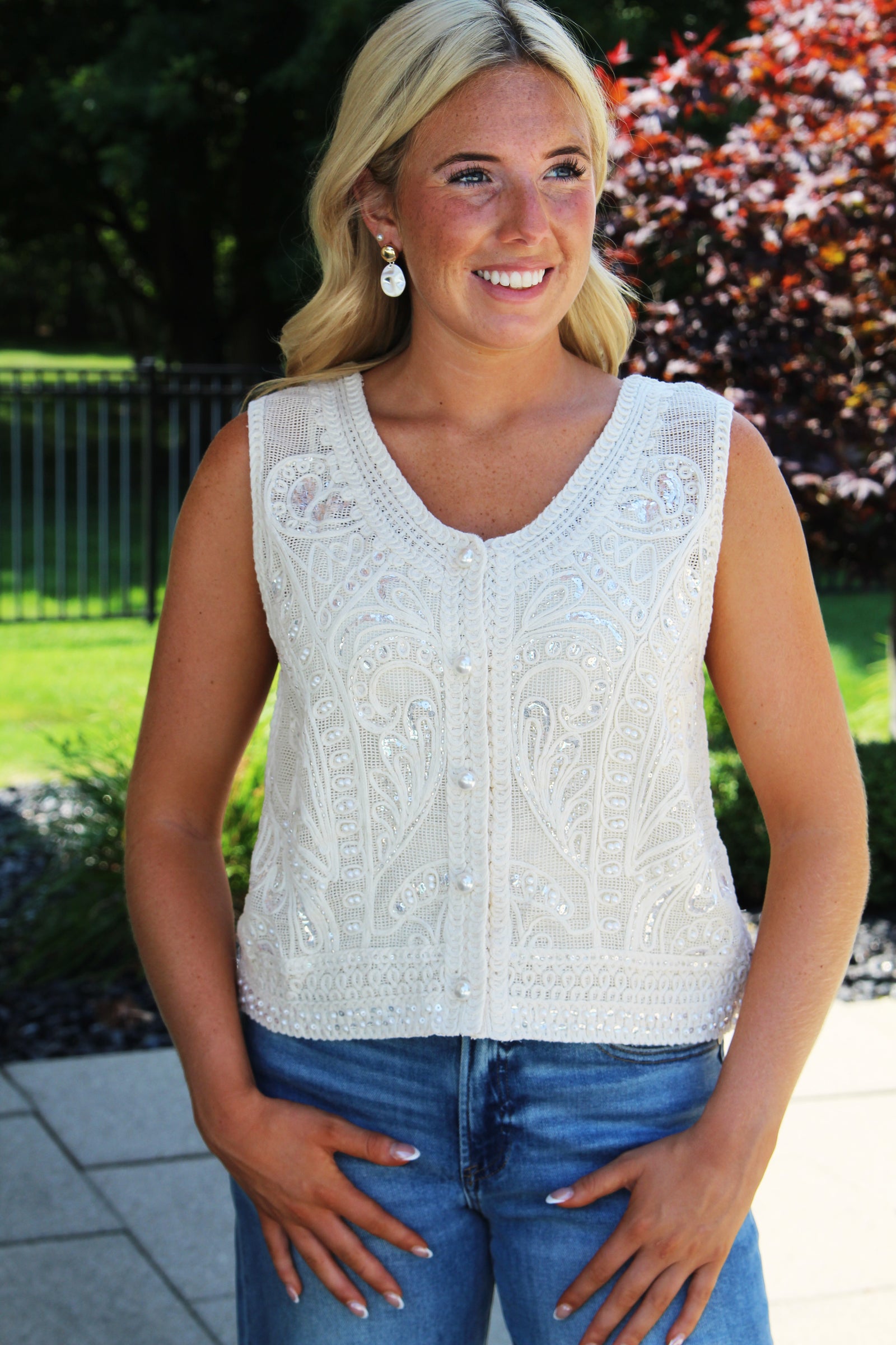 Mesh Swirls Pearls & Sequins Sleeveless Vest