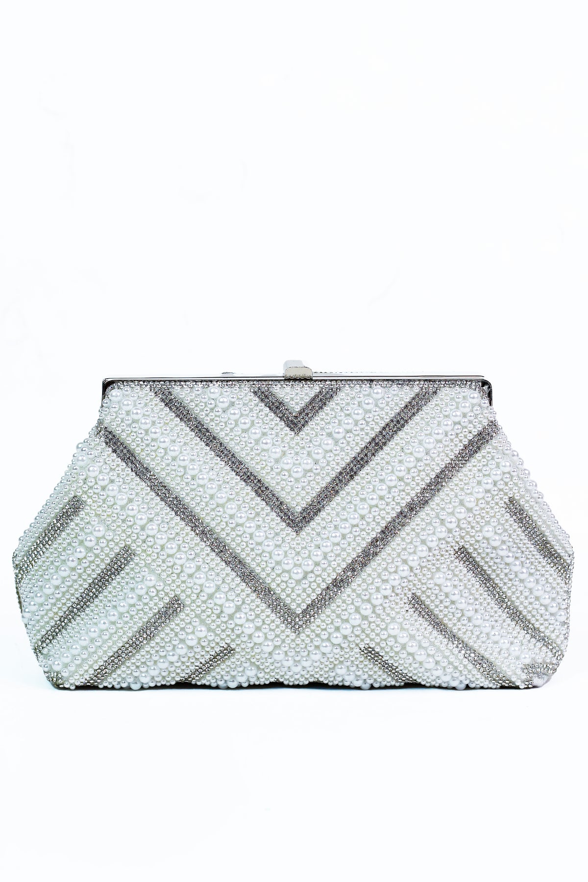 Pearl &amp; Rhinestone Zigzag Clutch w/ Metal Bar Closure