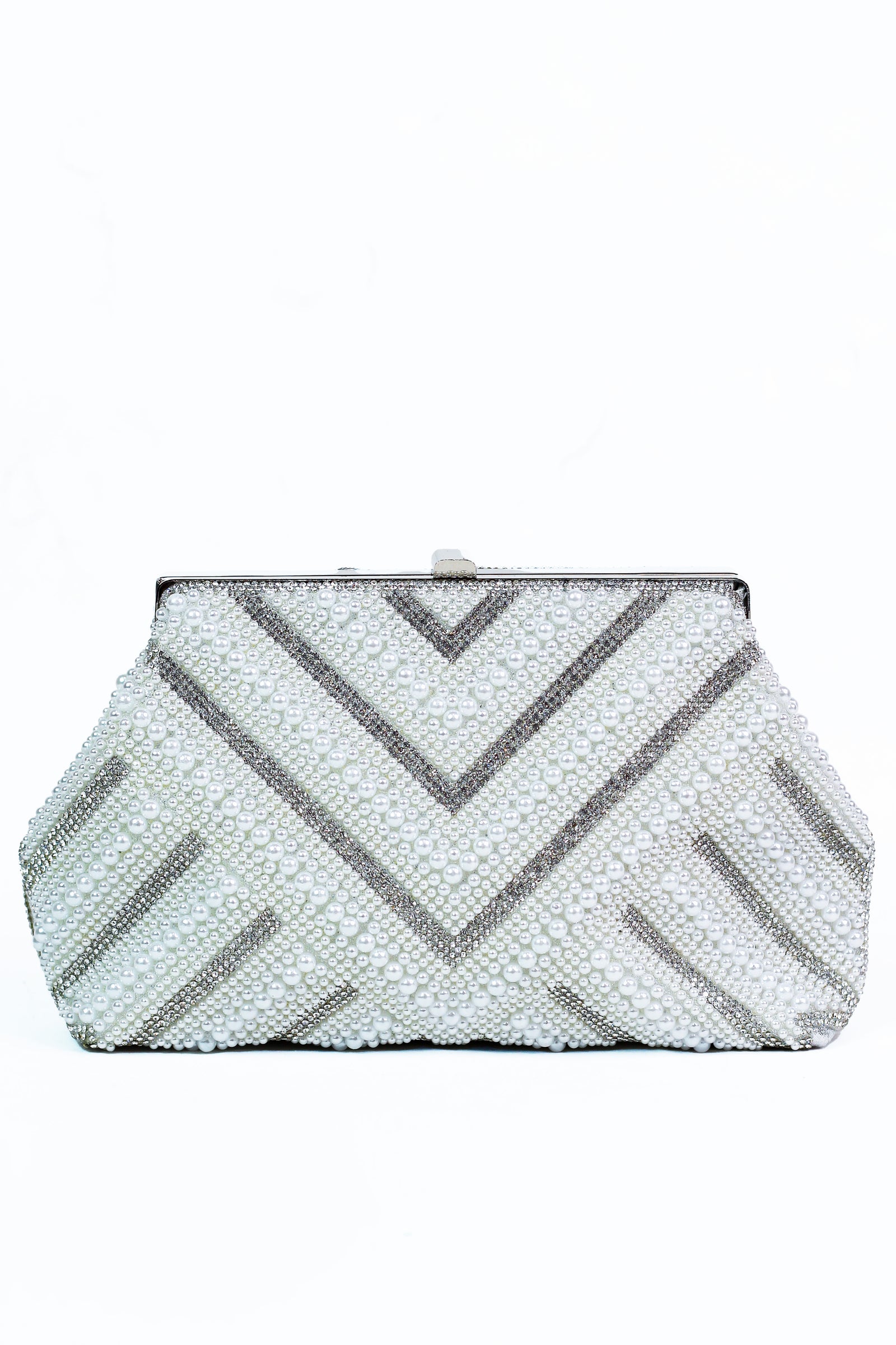 Pearl & Rhinestone Zigzag Clutch w/ Metal Bar Closure