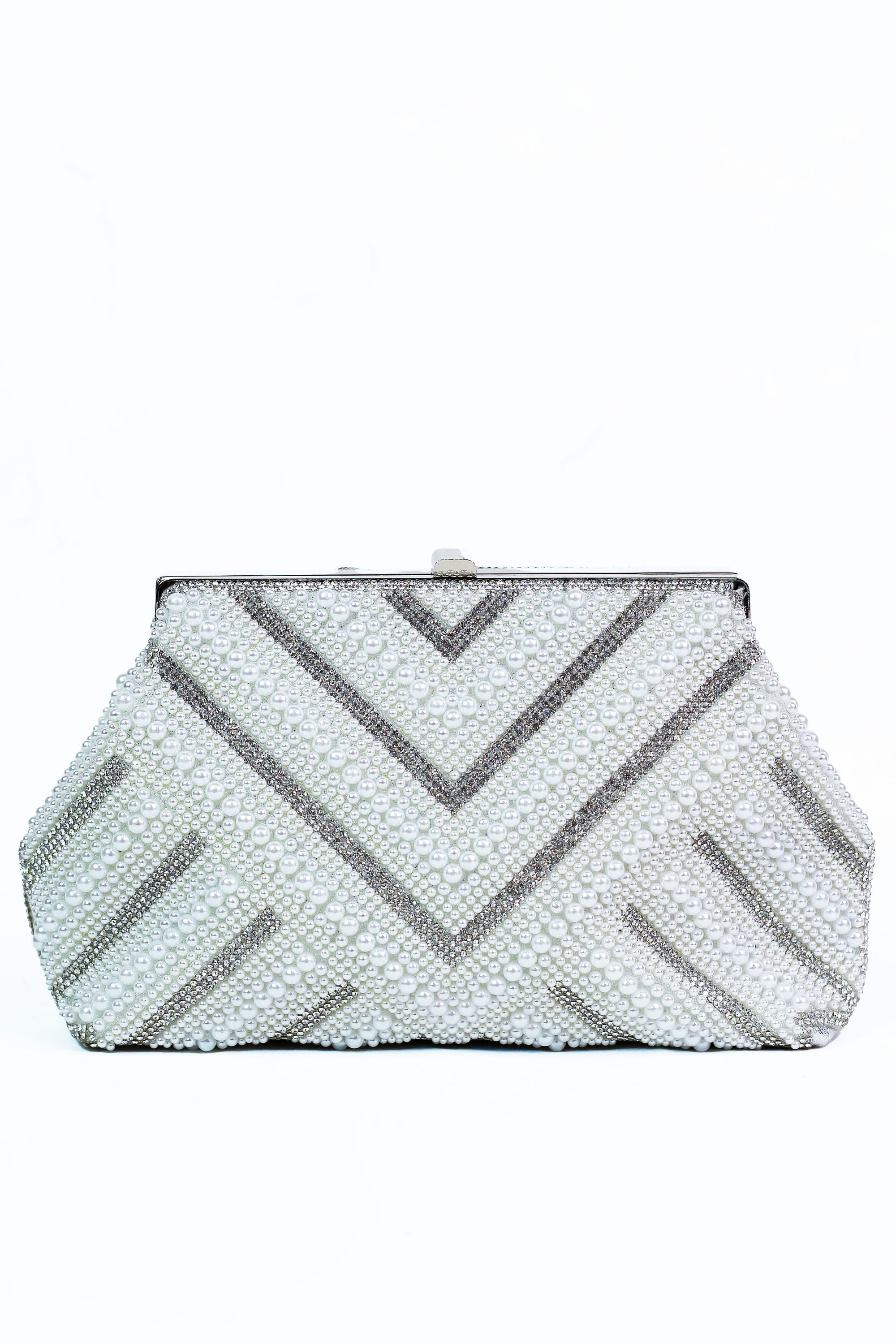 Pearl & Rhinestone Zigzag Clutch w/ Metal Bar Closure