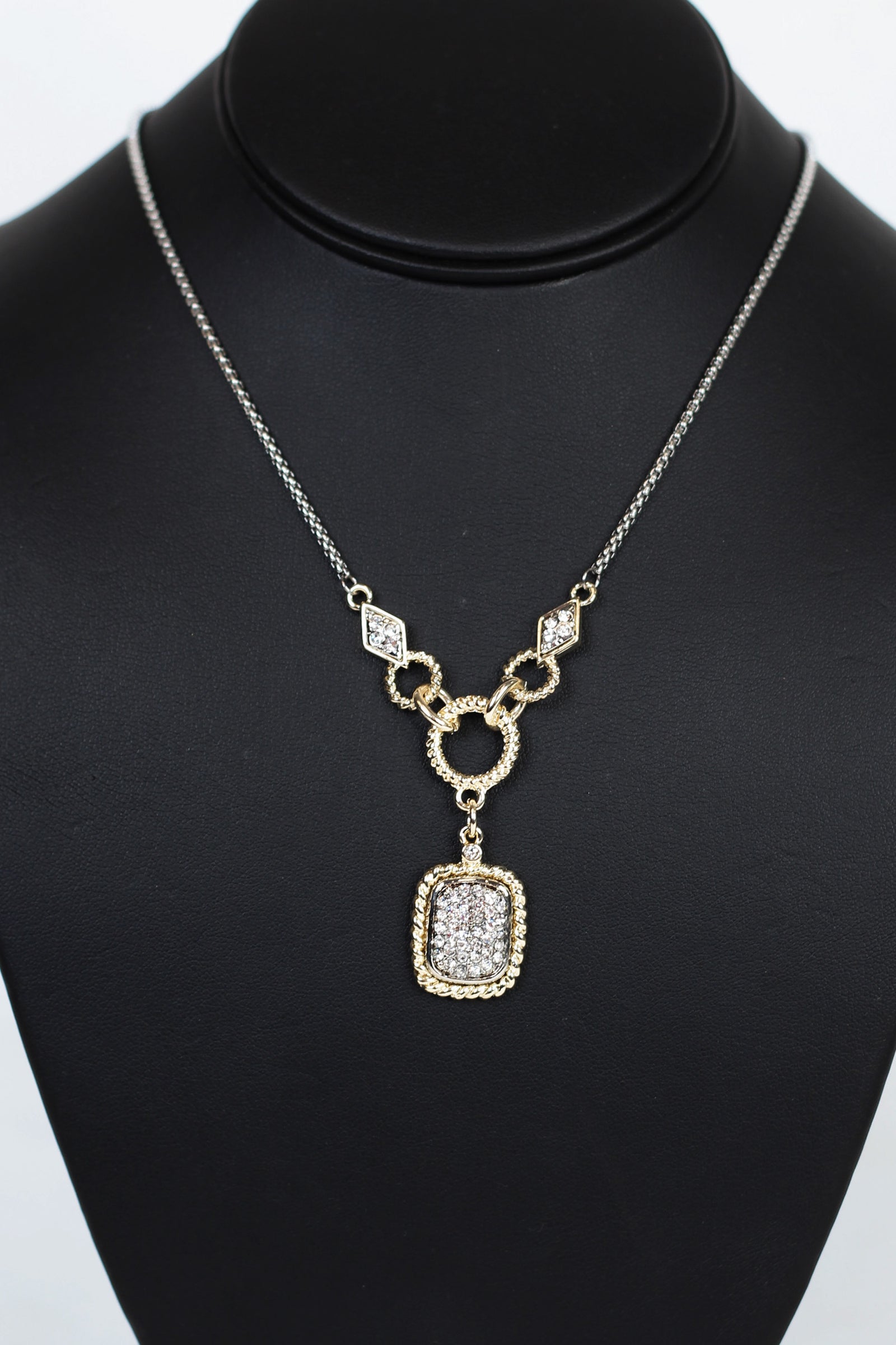 Pave Diamonds, Rope Circles & Square Rhinestone Pendant Necklace