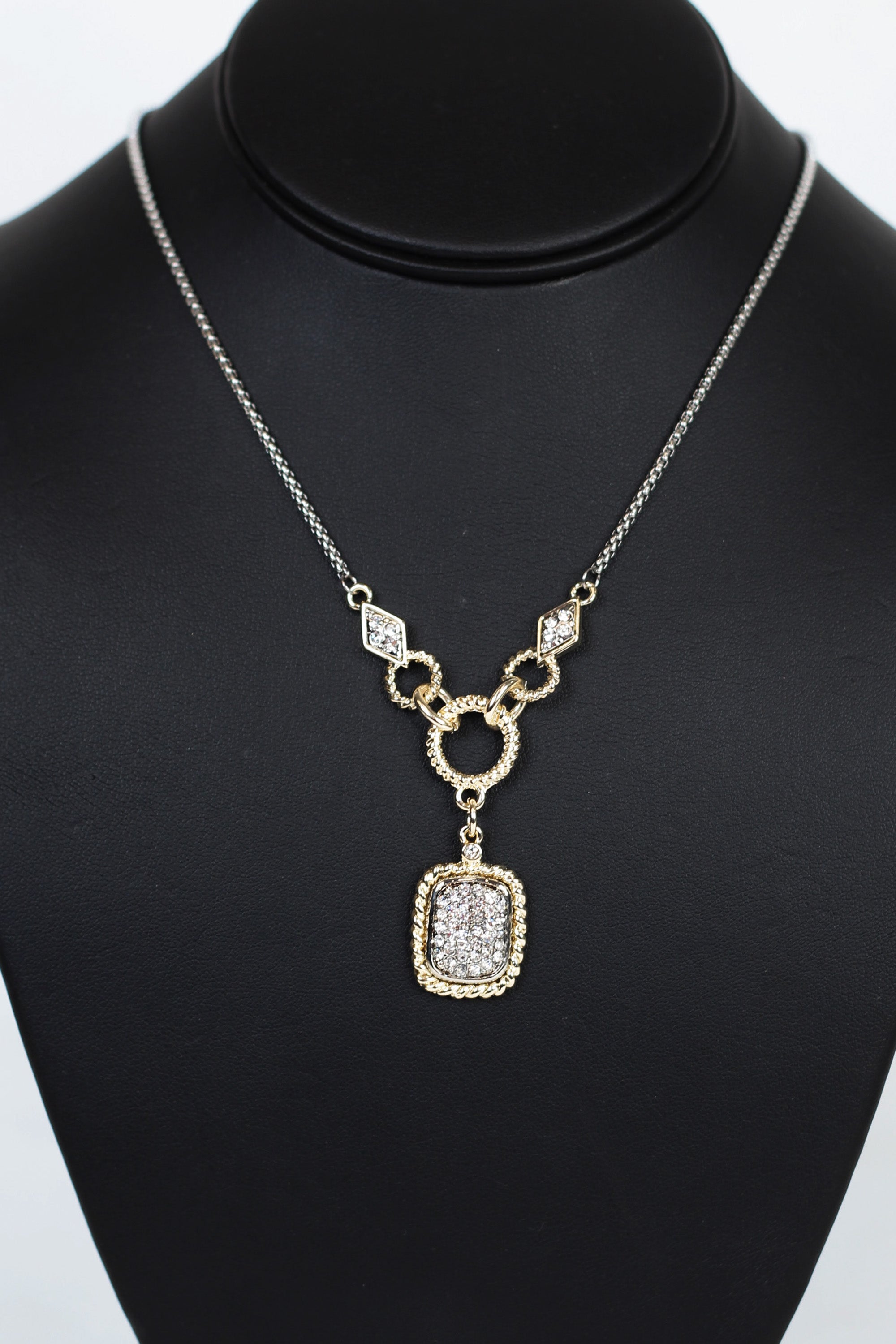 Pave Diamonds, Rope Circles & Square Rhinestone Pendant Necklace