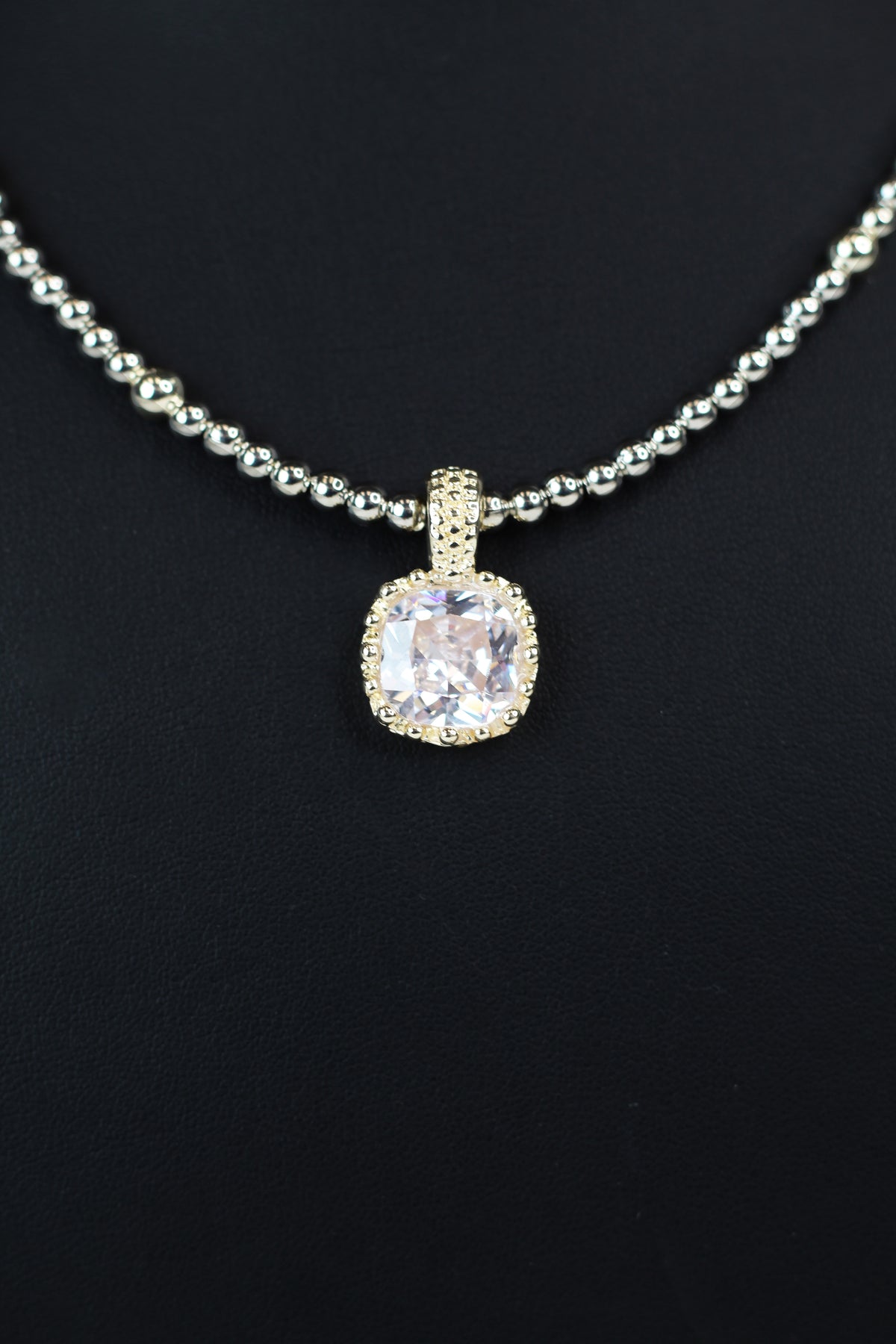 Two Toned Bead Necklace w/ Square Gemstone Pendant