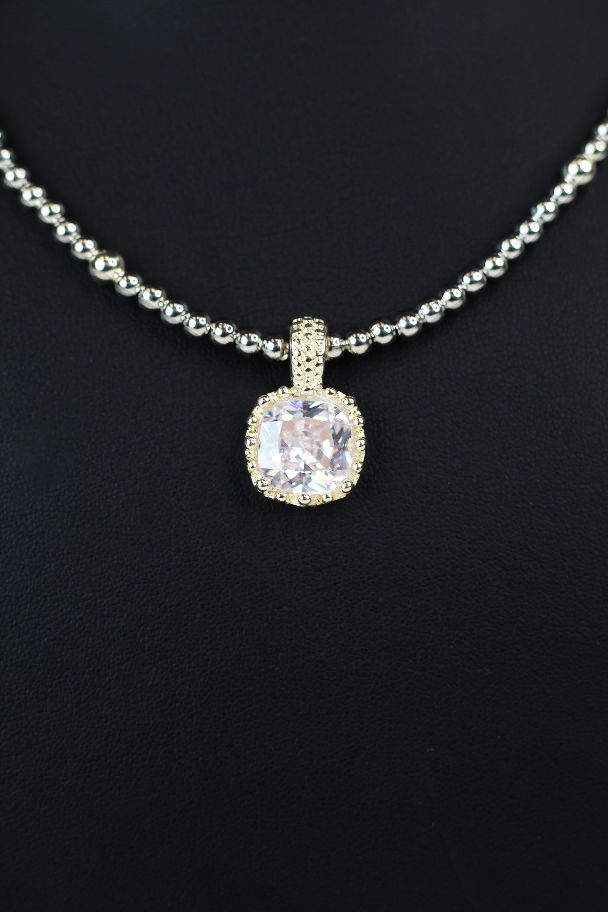 Two Toned Bead Necklace w/ Square Gemstone Pendant