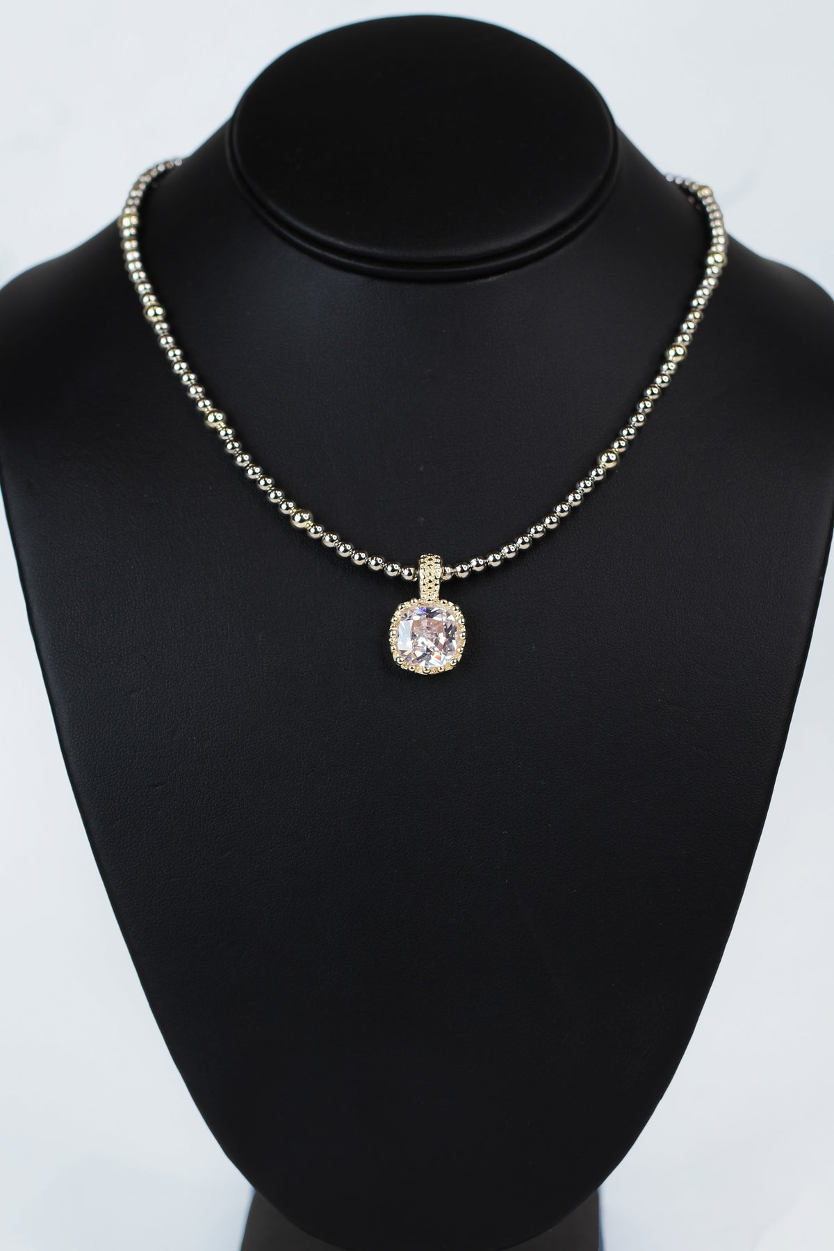 Two Toned Bead Necklace w/ Square Gemstone Pendant