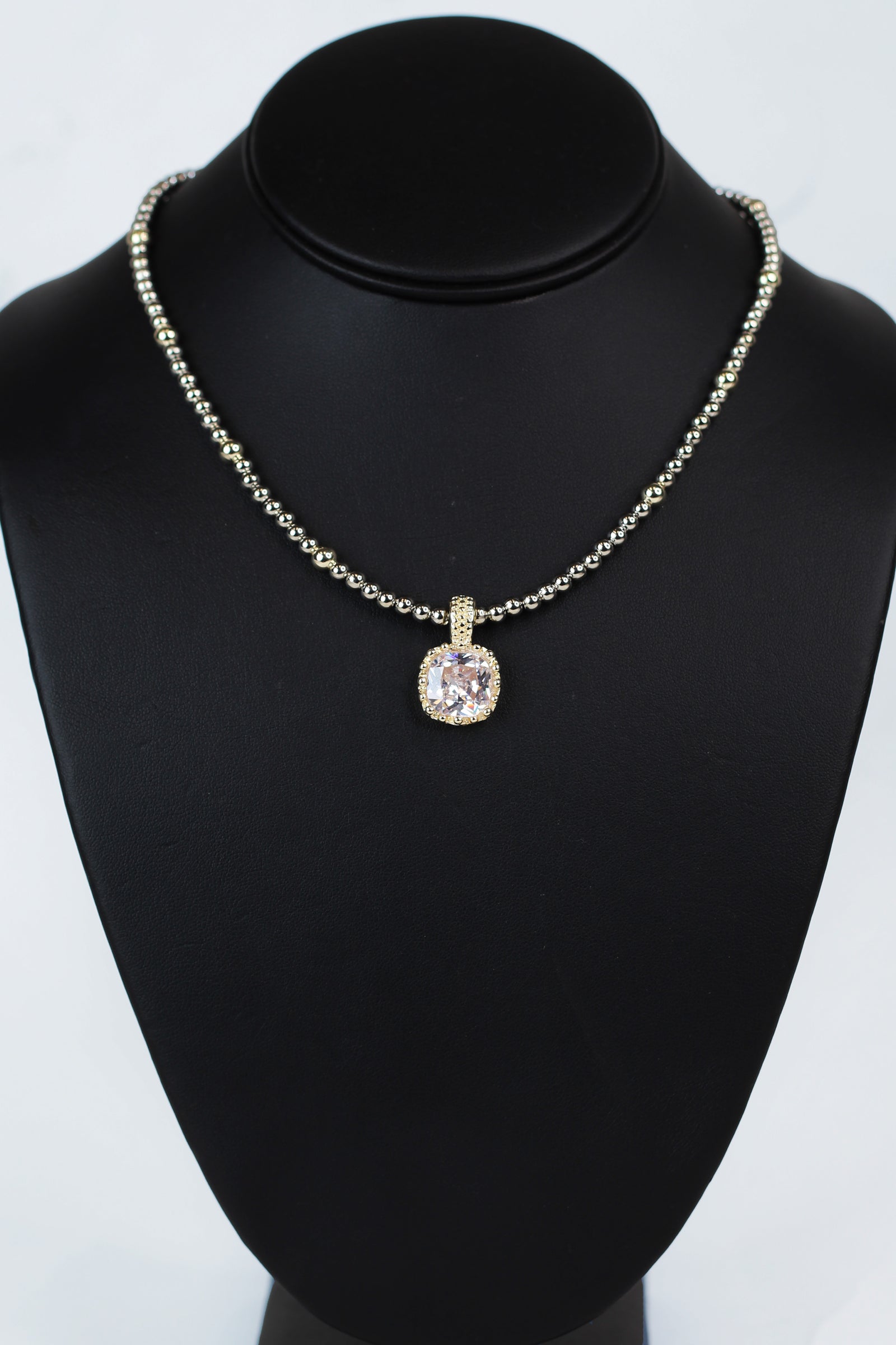 Two Toned Bead Necklace w/ Square Gemstone Pendant