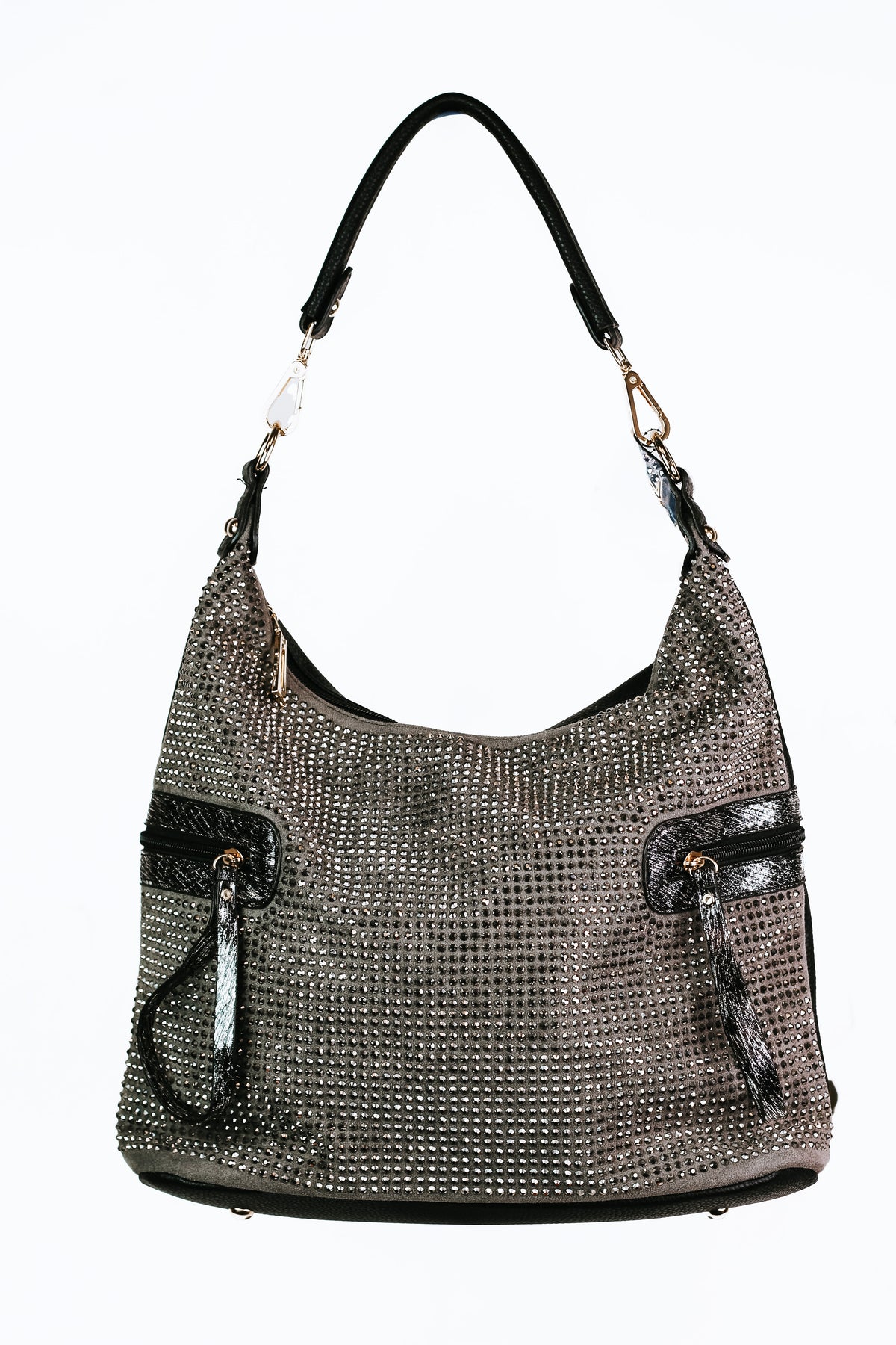 Rhinestone Front Curved Top Purse w/ Metallic Trim Side Zip Pockets