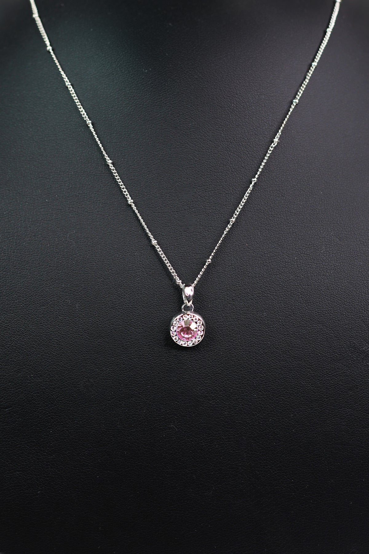 Silver Beaded Necklace w/ Circular Center Stone