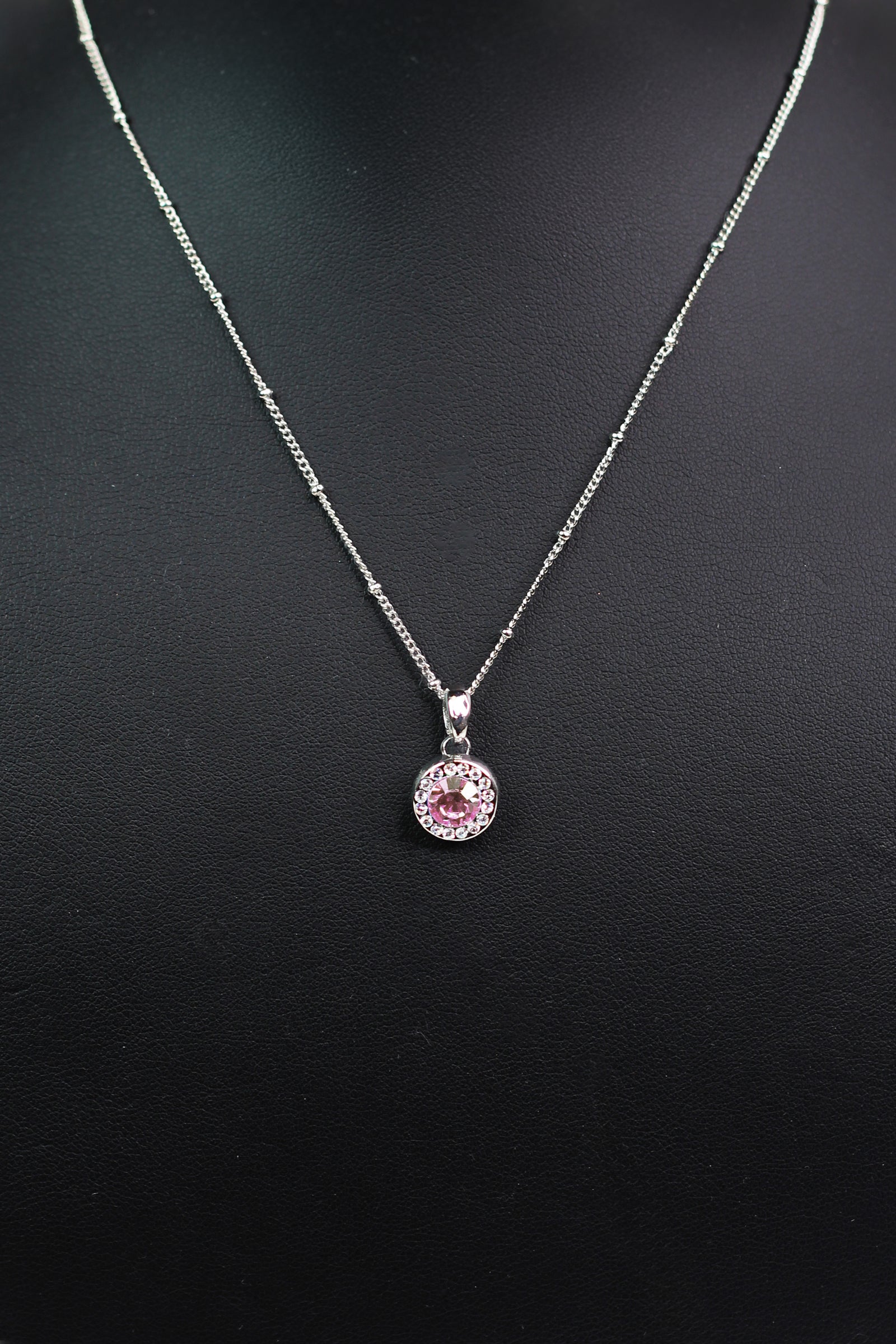 Silver Beaded Necklace w/ Circular Center Stone