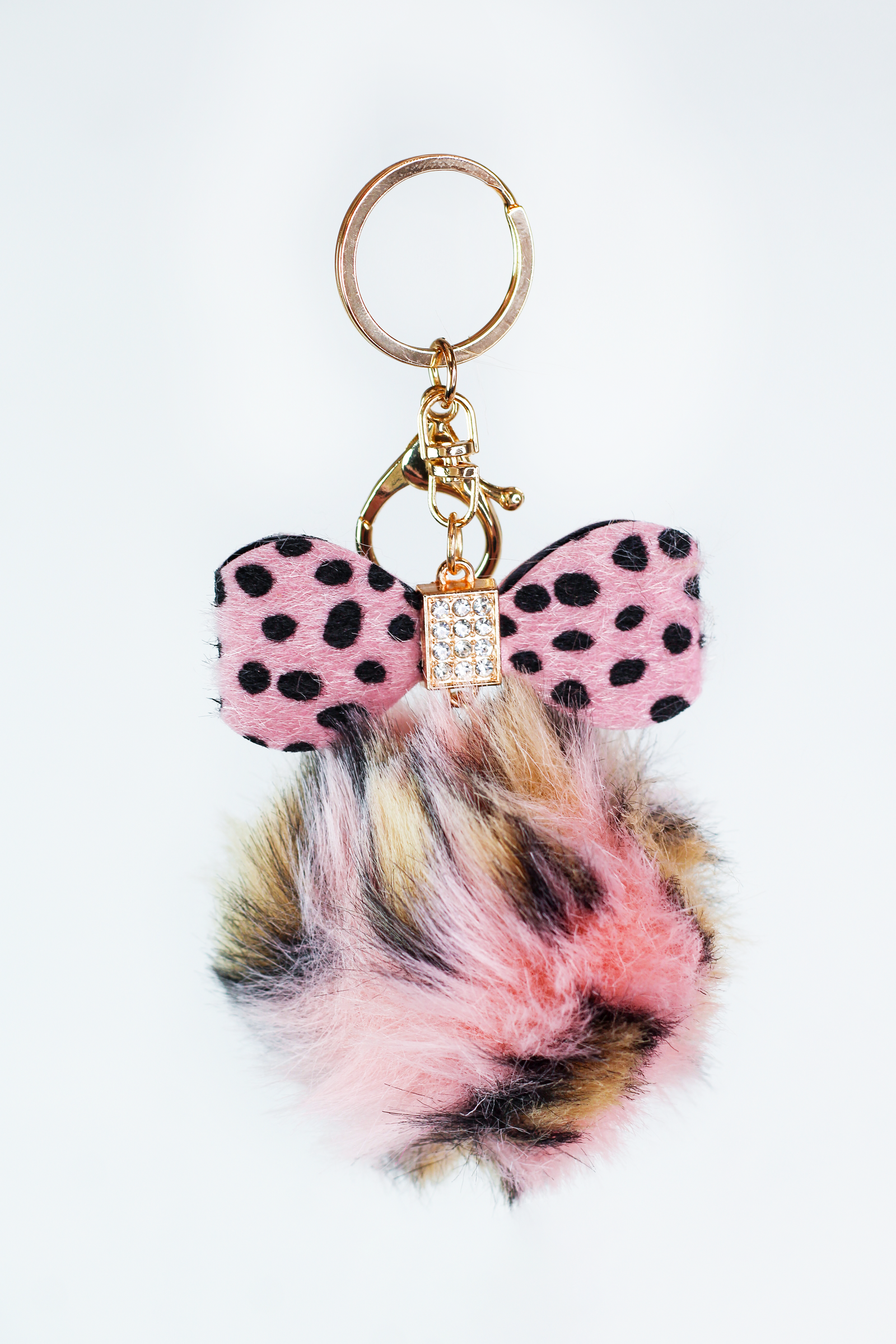 Spot Fabric Bow & Puff Ball Keychain