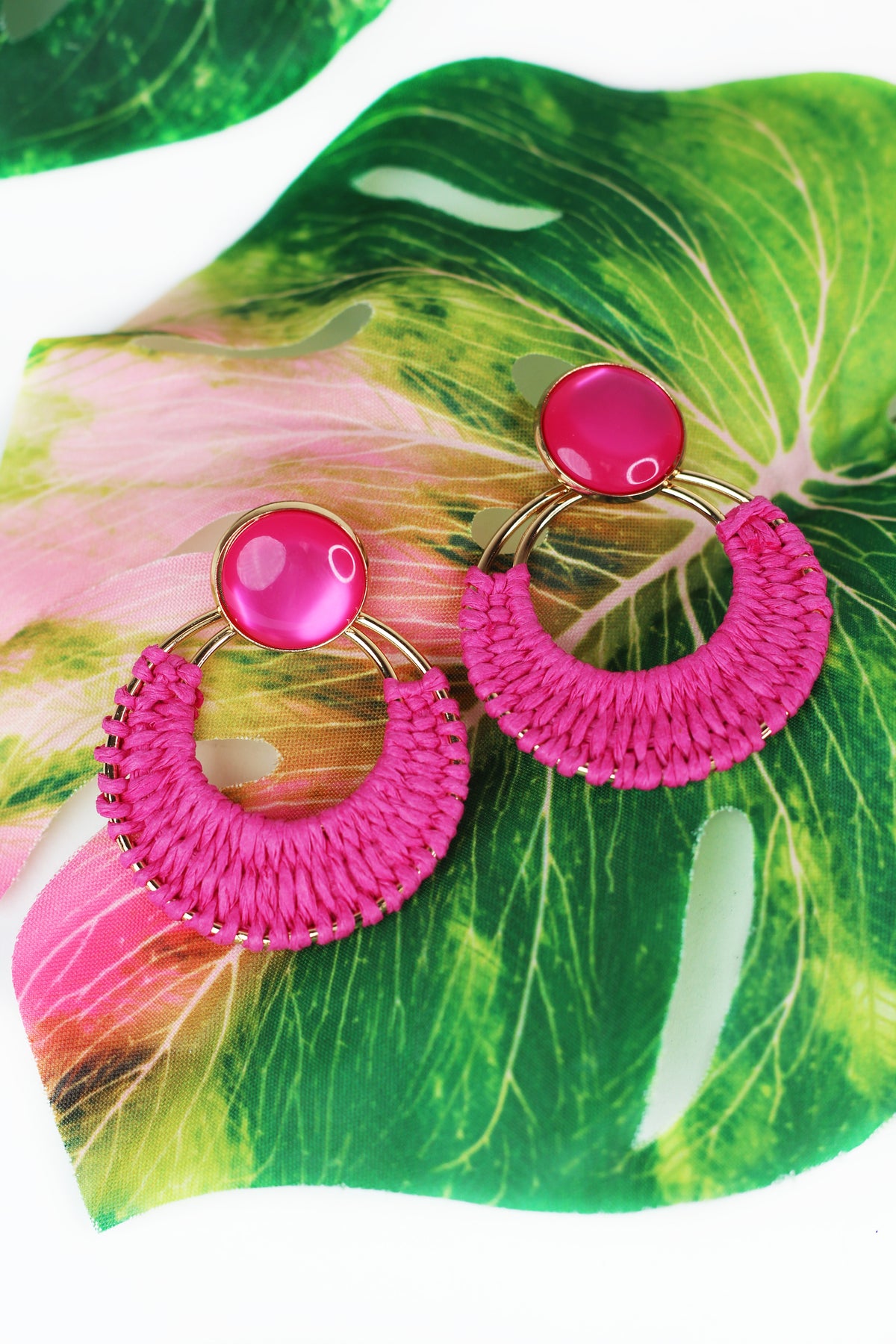 Round Stone &amp; Dangling Raffia Hoop Earrings