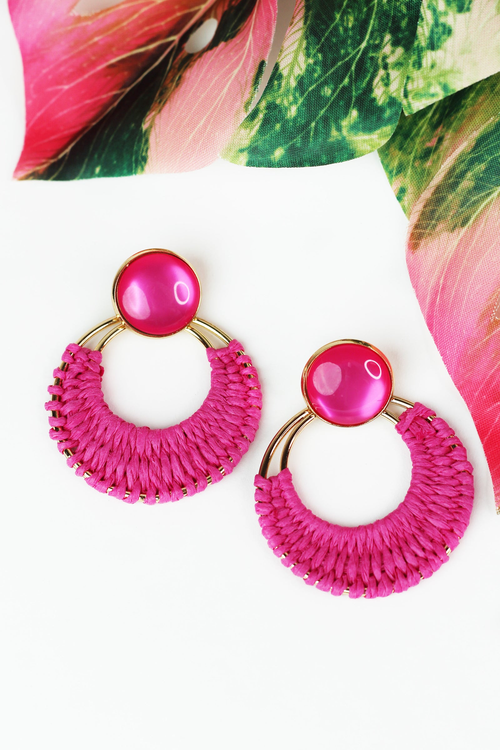 Round Stone & Dangling Raffia Hoop Earrings