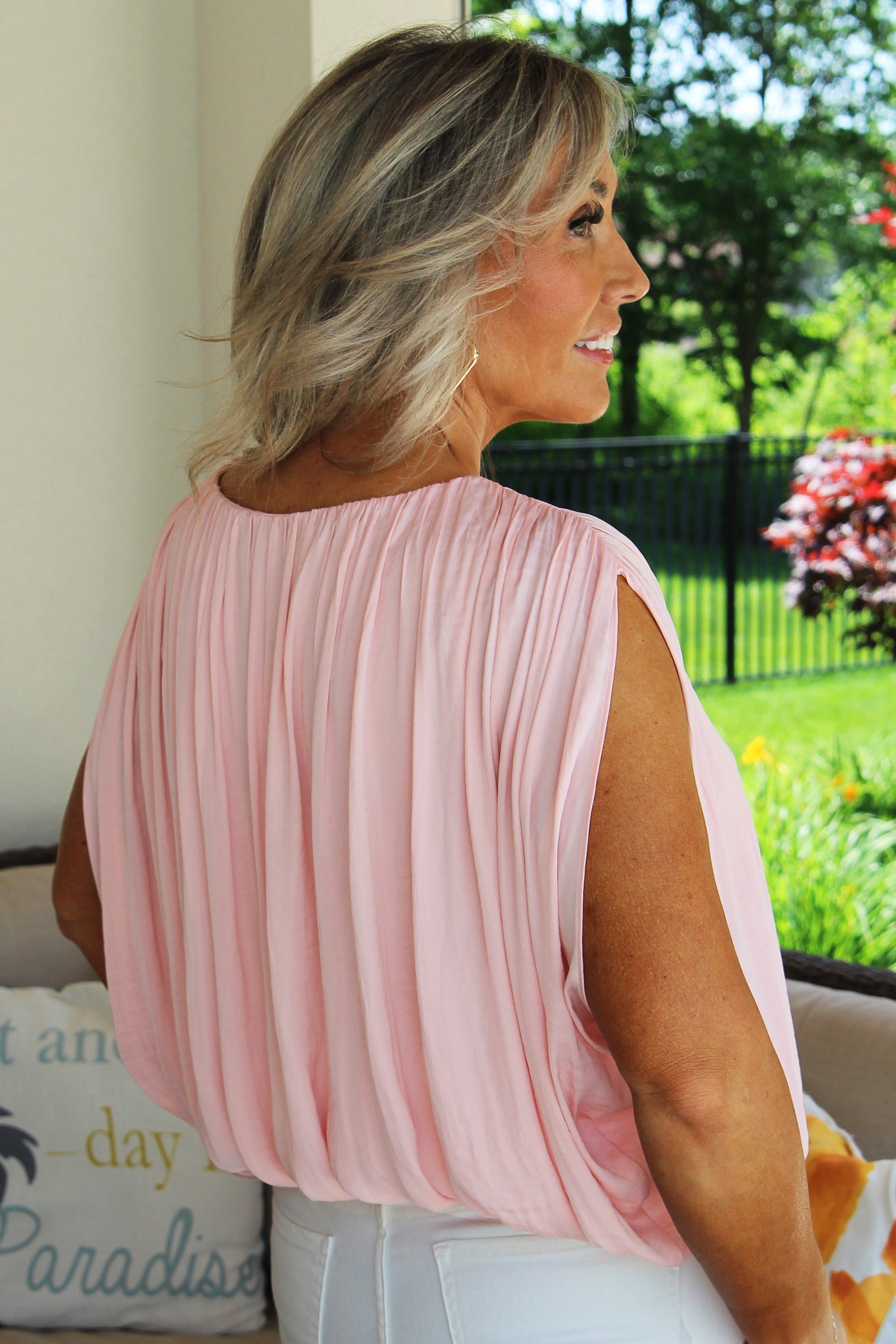 Gathered Neck Bubble Top w/ Open Sleeve
