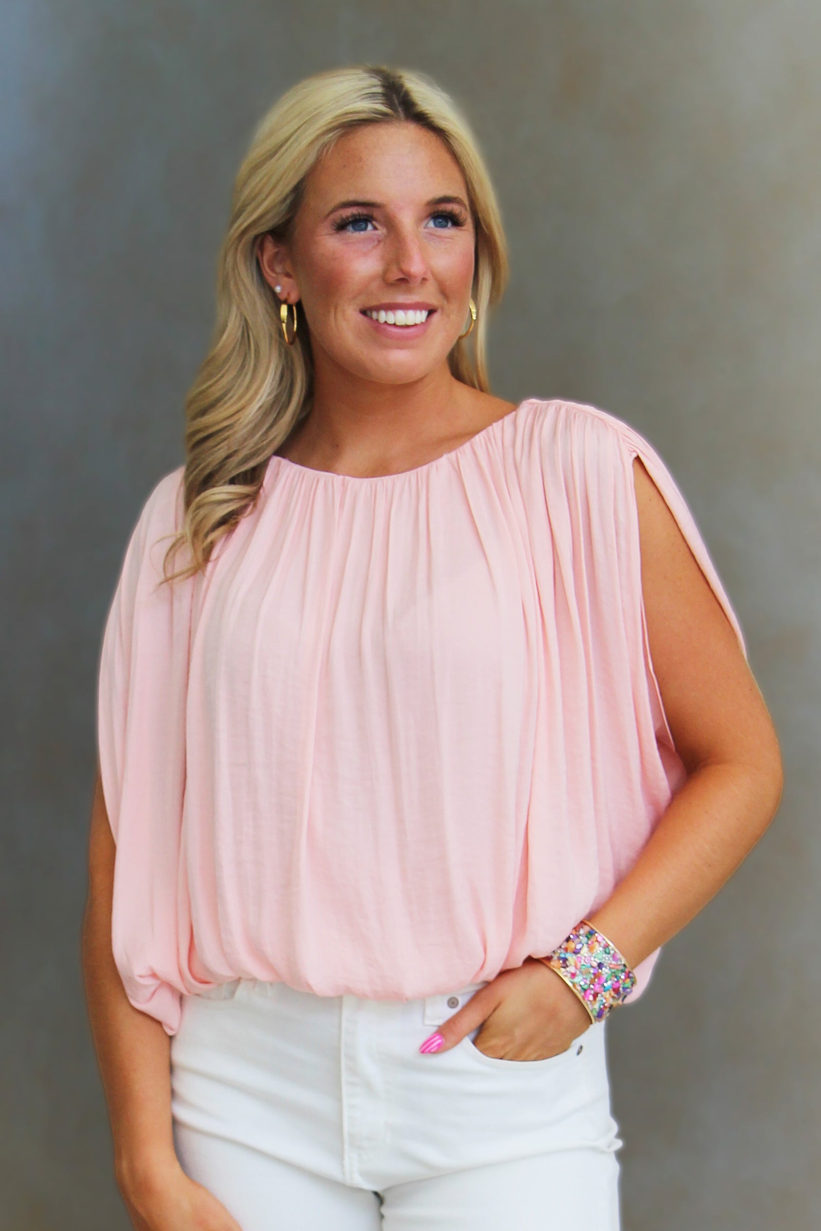 Gathered Neck Bubble Top w/ Open Sleeve