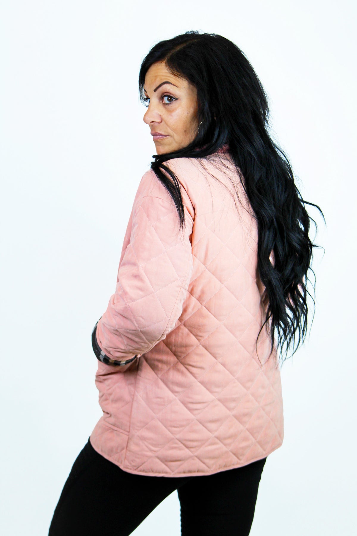 Quilted Jacket w/ Corduroy Collar & Plaid Rollup Cuffs