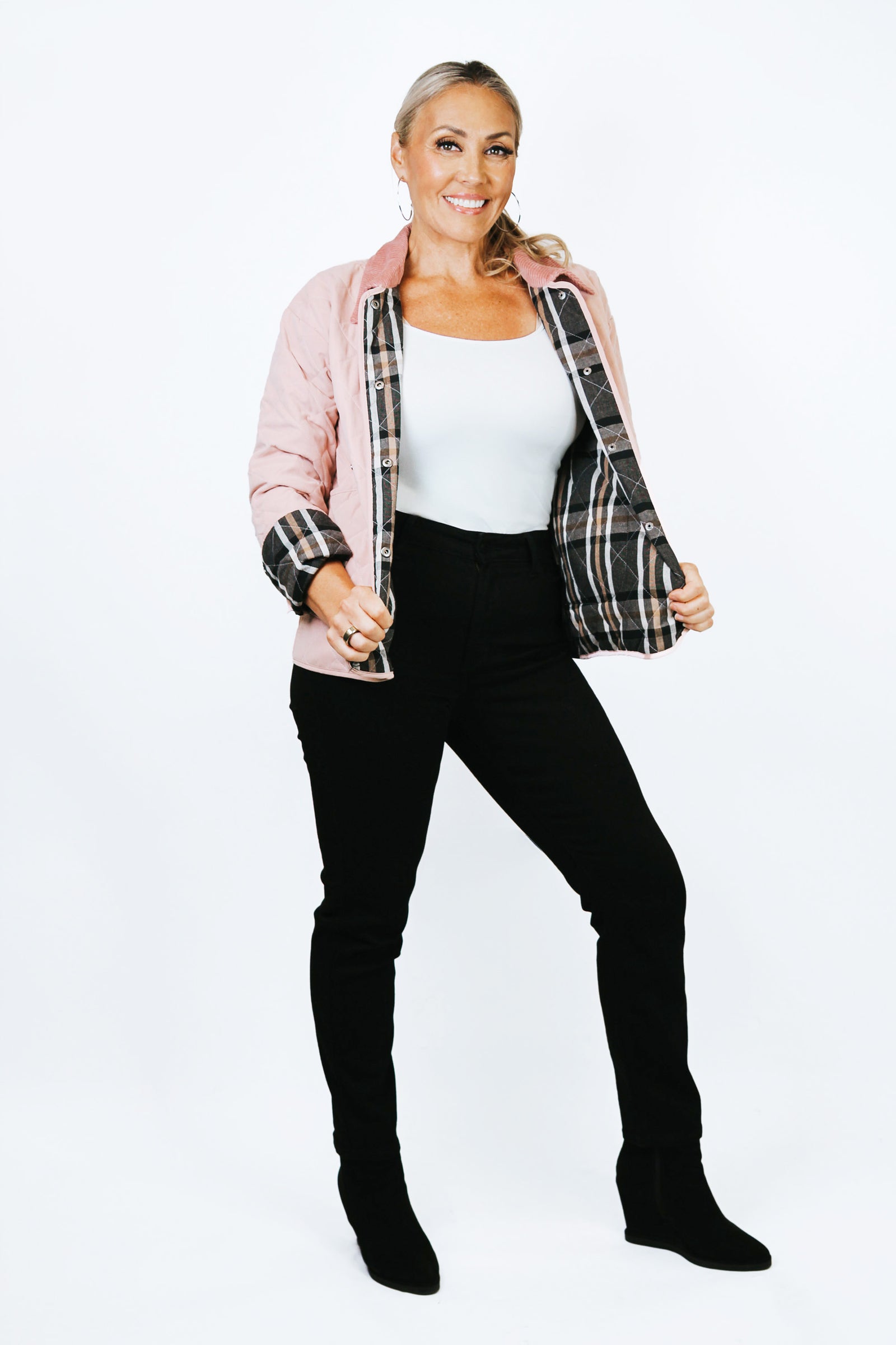 Quilted Jacket w/ Corduroy Collar & Plaid Rollup Cuffs