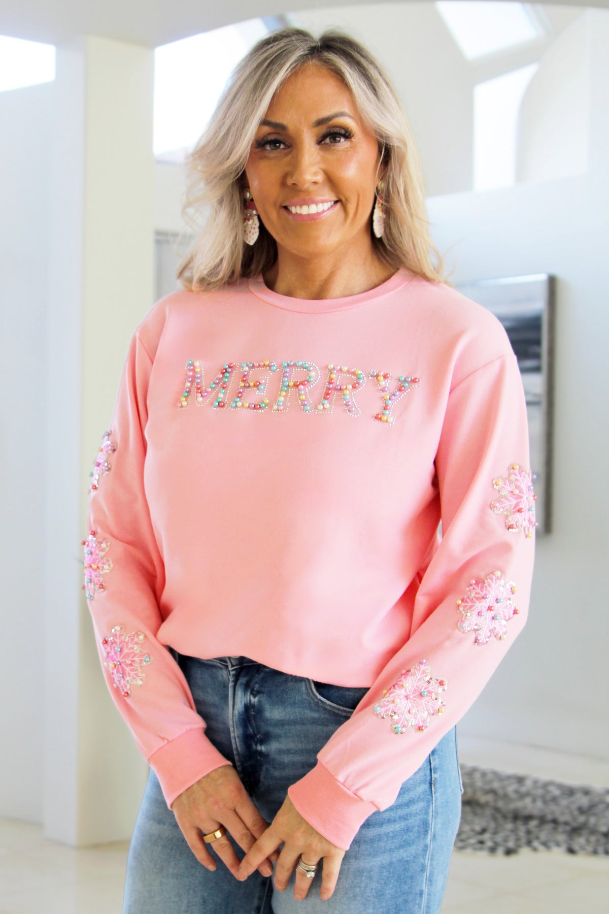 Pearl &quot; Merry &quot; Top w/ Sequin &amp; Pearl Snowflakes Accents on Arms