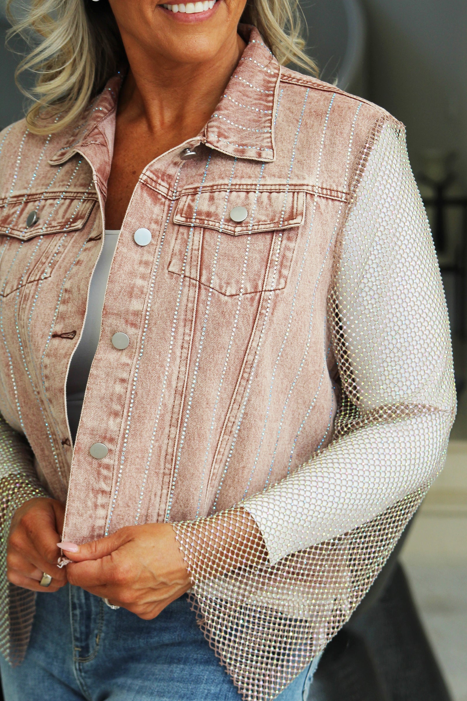Denim Jacket w/ Mesh Rhinestone Sleeves