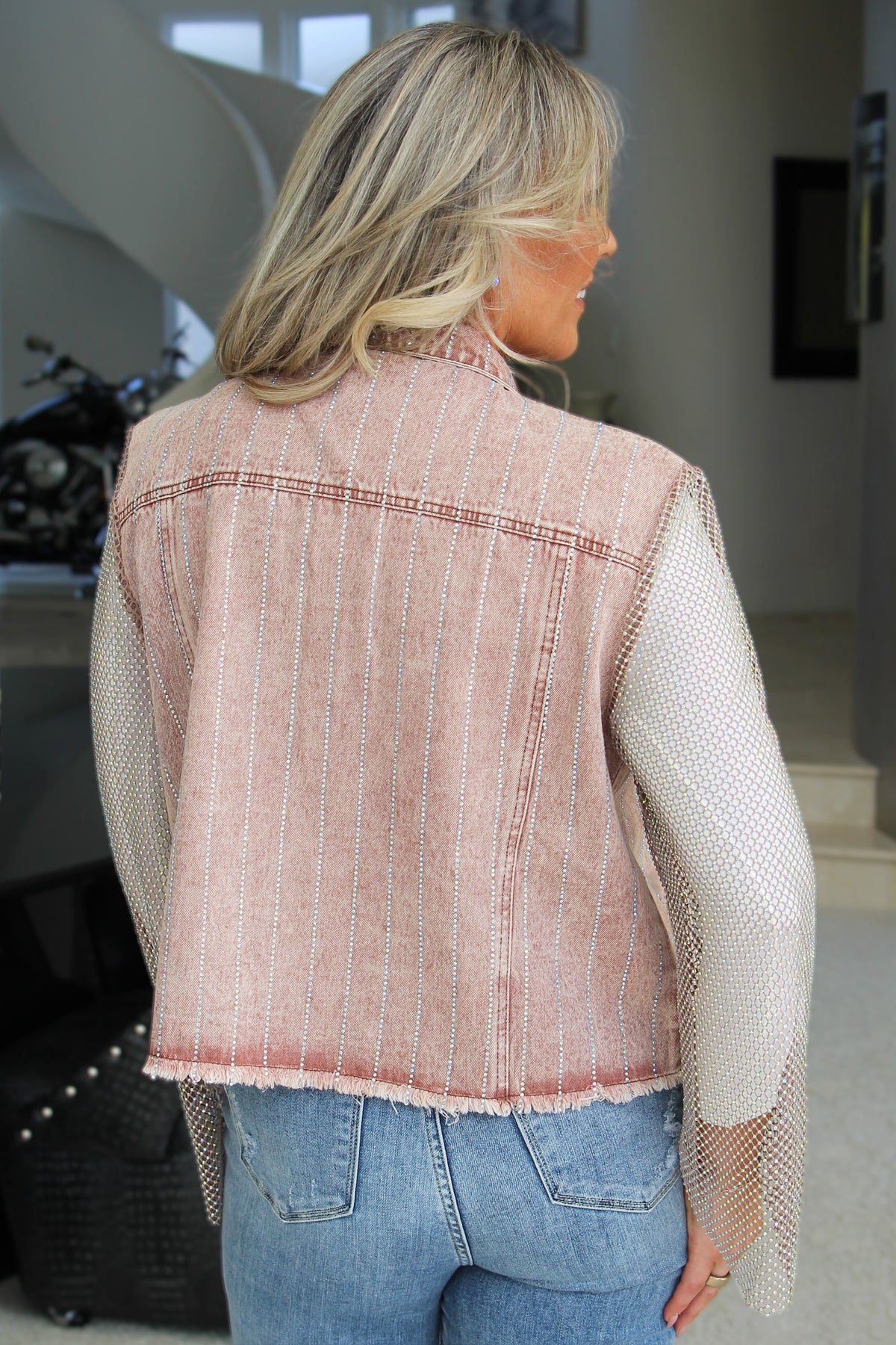 Denim Jacket w/ Mesh Rhinestone Sleeves