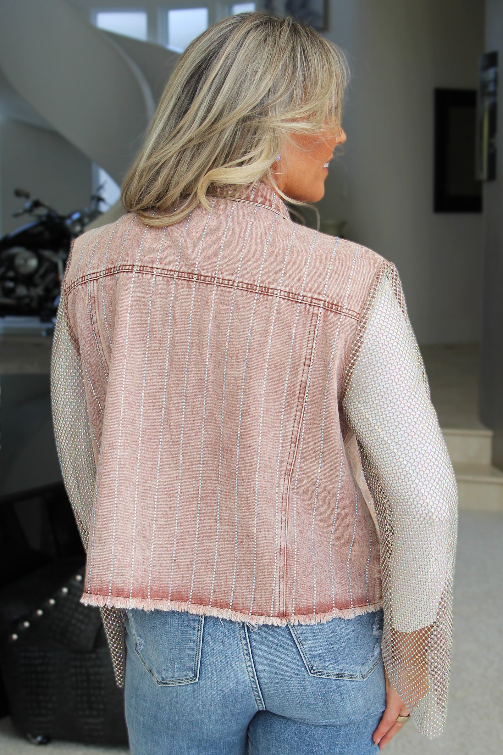 Denim Jacket w/ Mesh Rhinestone Sleeves