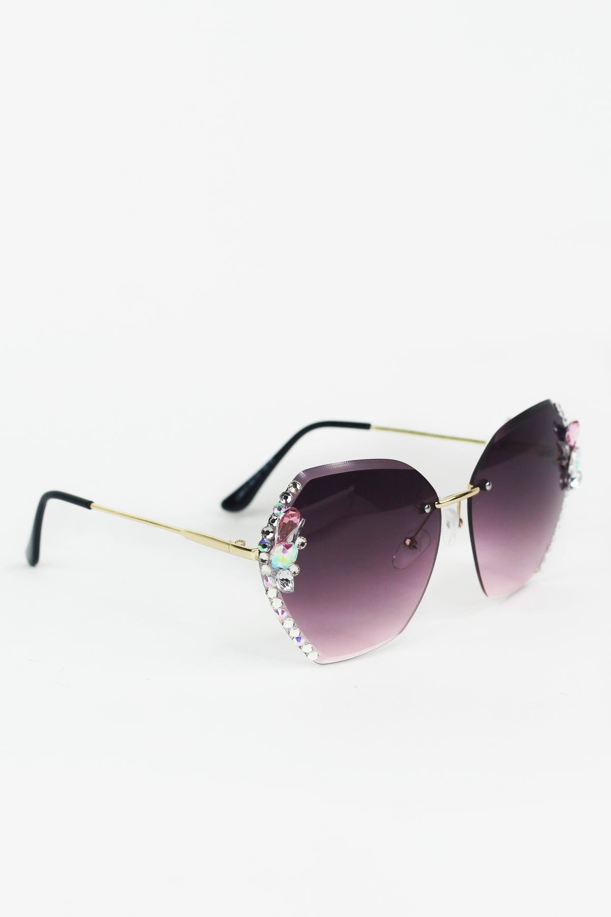 Large Frameless Rhinestone Edged Metal Arm Sunglasses