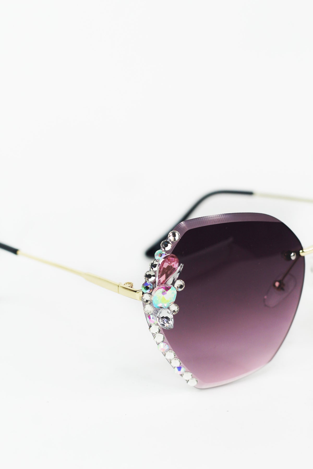 Large Frameless Rhinestone Edged Metal Arm Sunglasses