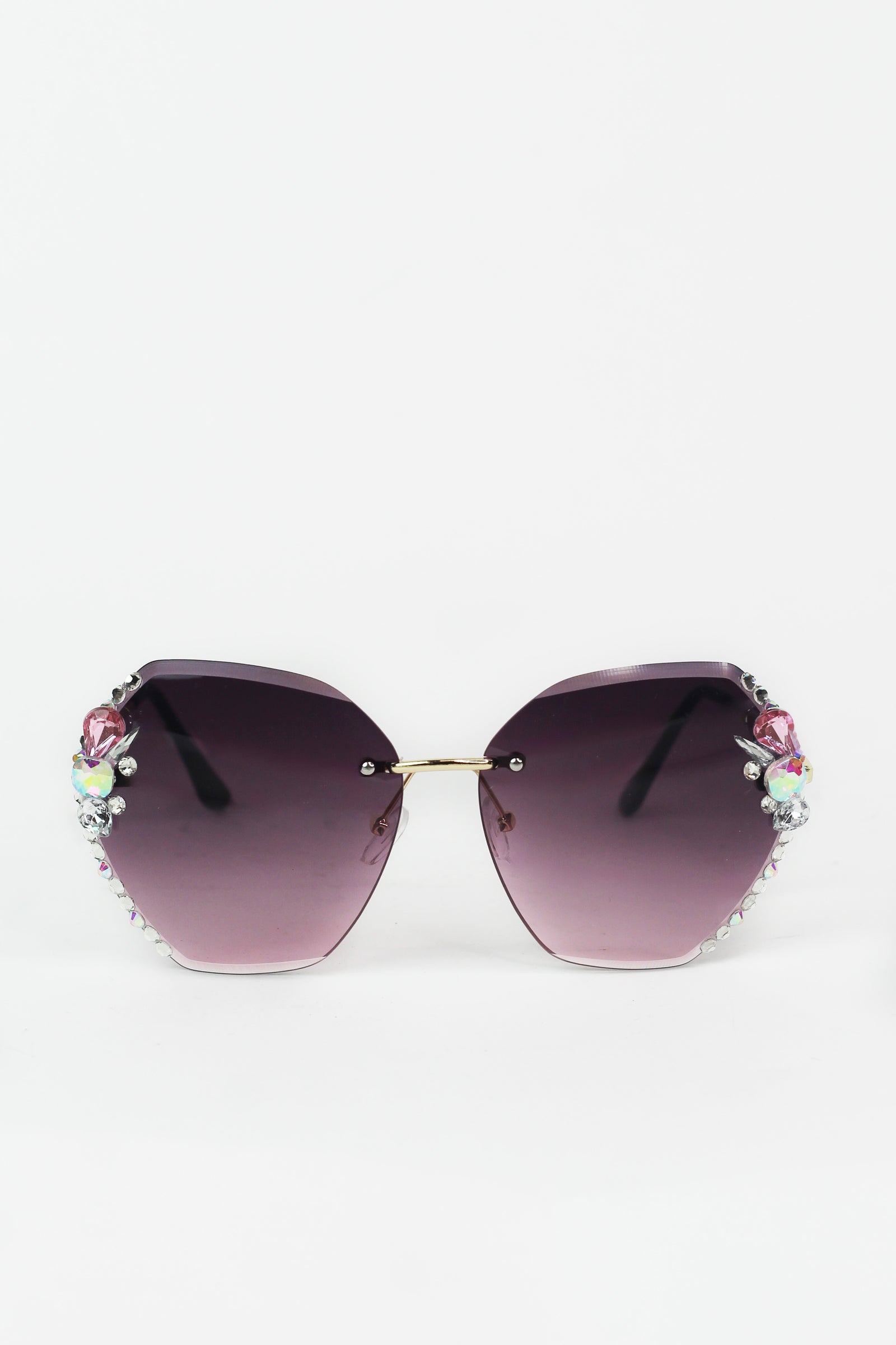 Large Frameless Rhinestone Edged Metal Arm Sunglasses