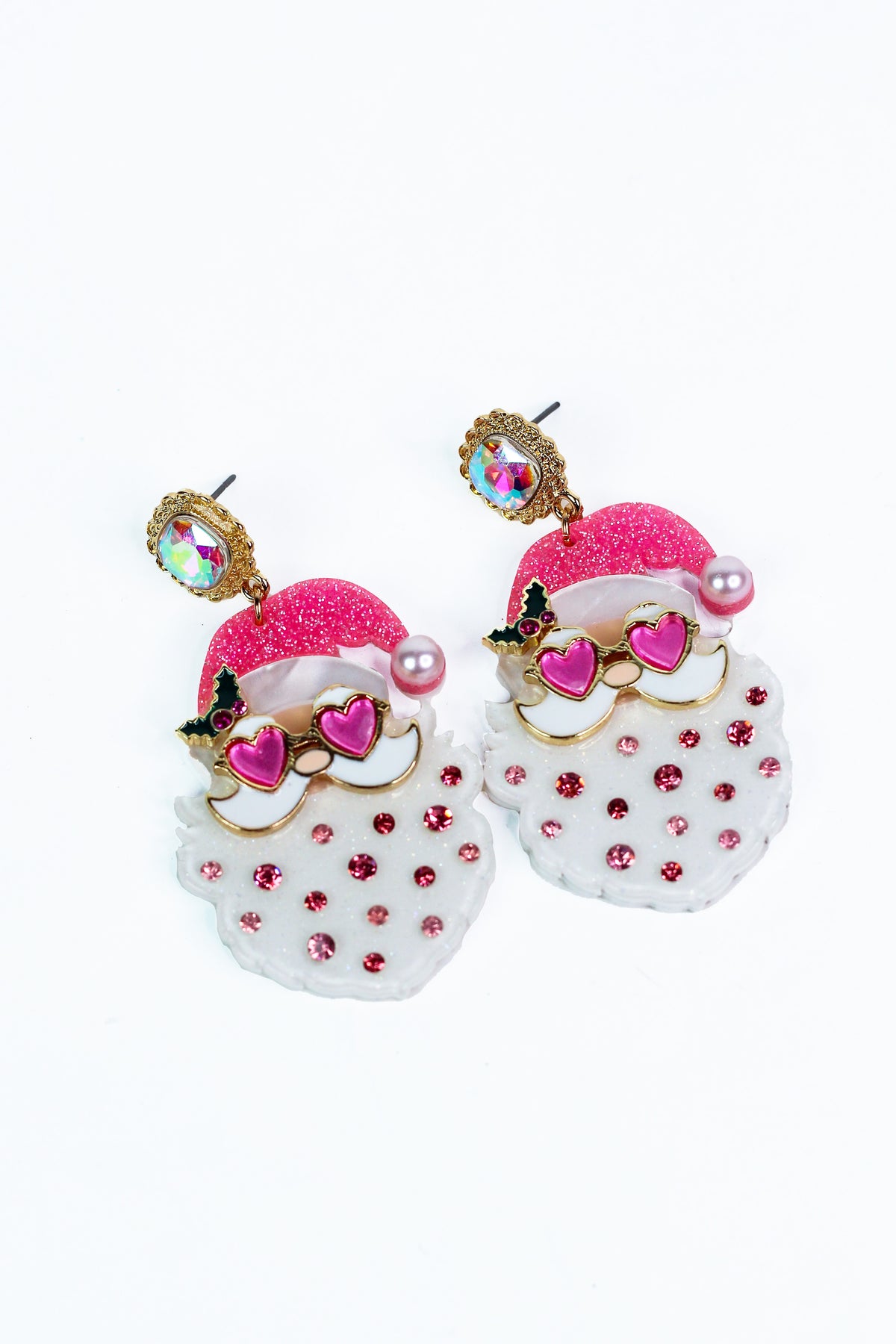 Santa w/ Heart Glasses & Stone Accent Epoxy Earrings