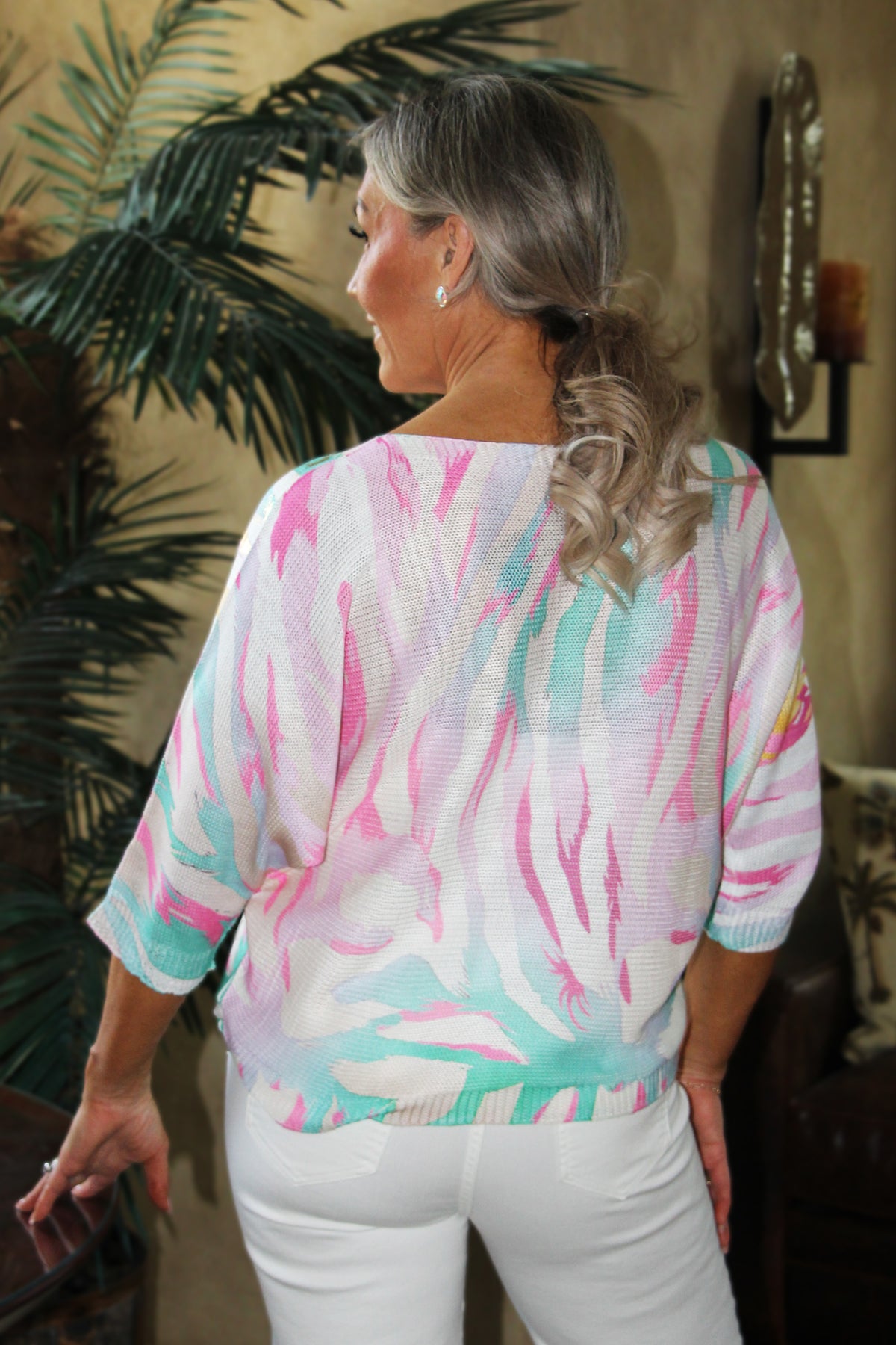 Tiger Print Short Sleeve Italian Knit Sweater w/ Gold Foil Accents