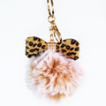 Fabric Leopard Bow & Puff Ball Keychain